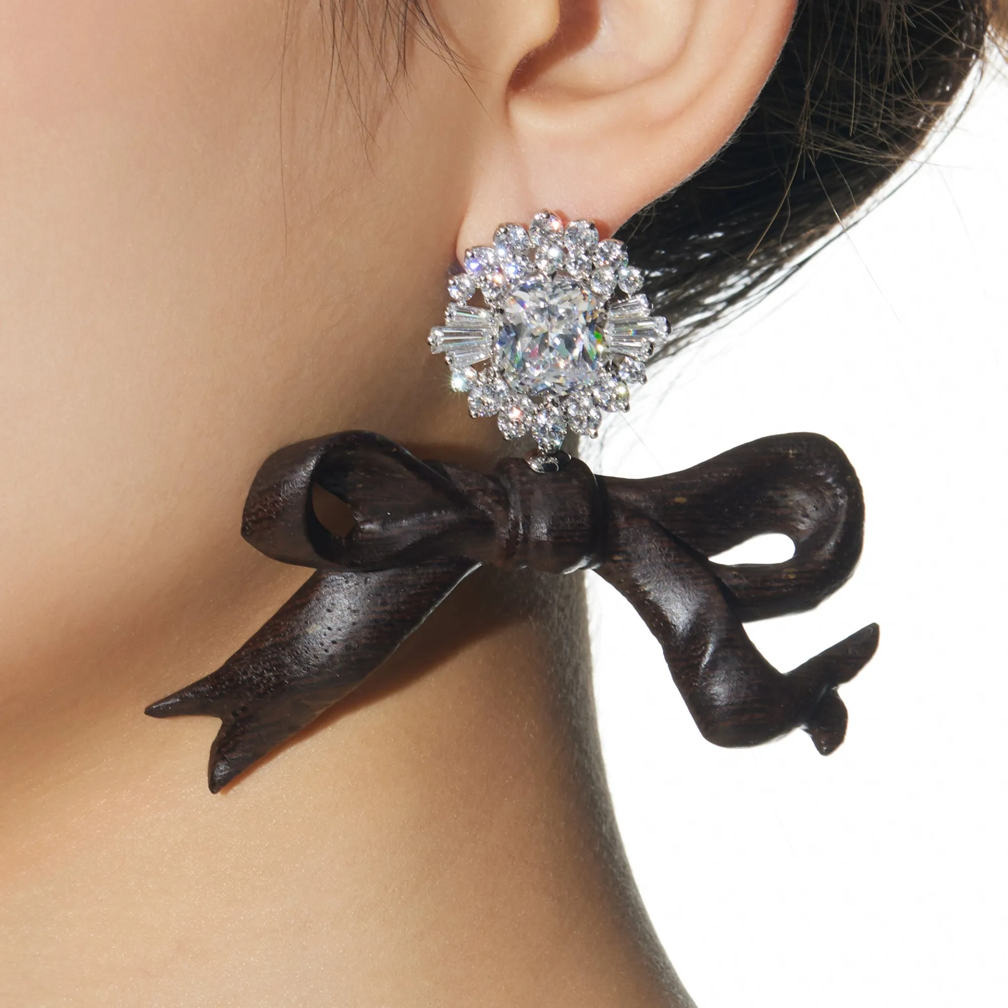 New Material / Wooden Bow Gemstone Earring