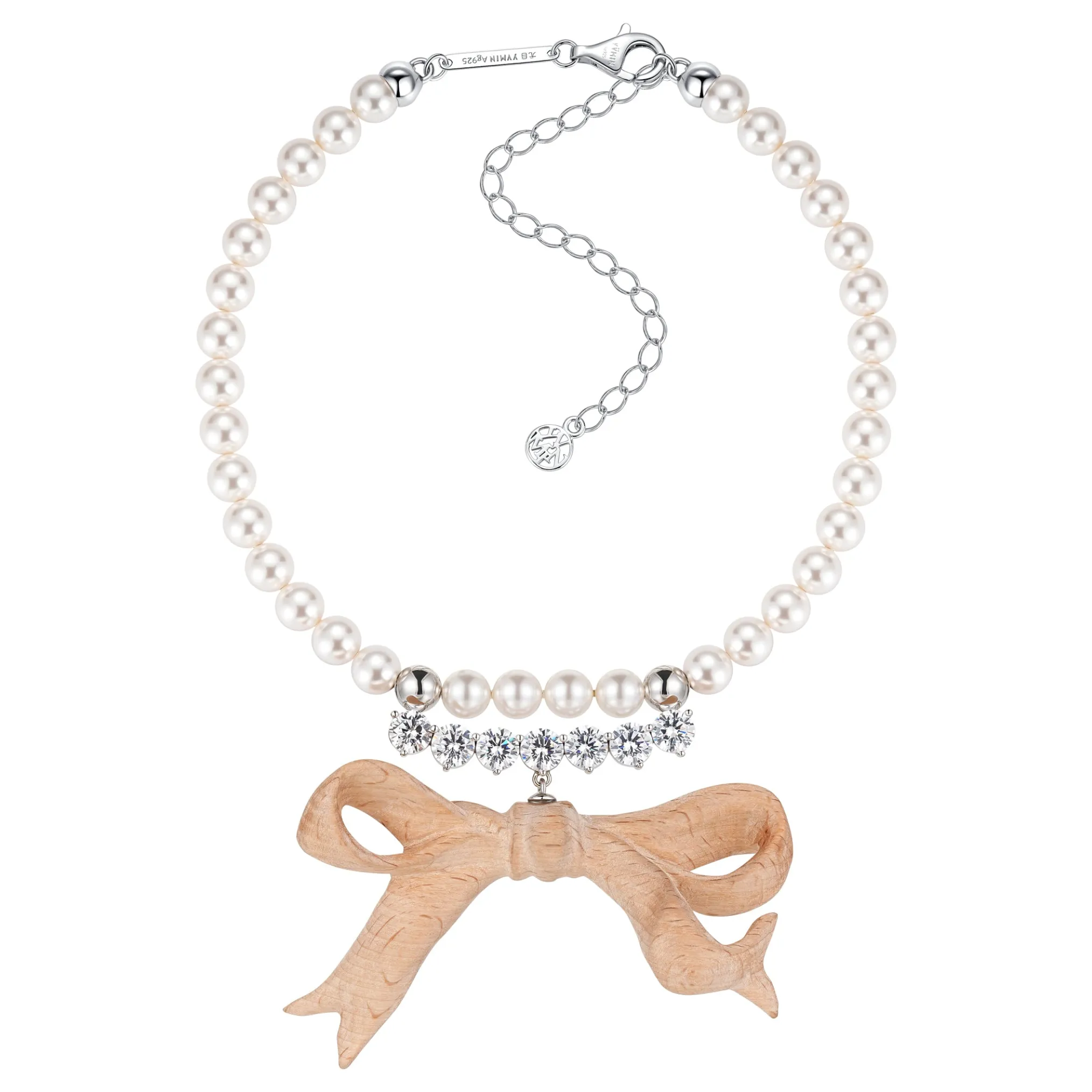 New Material / Wooden Bow Gemstone Pearl Necklace