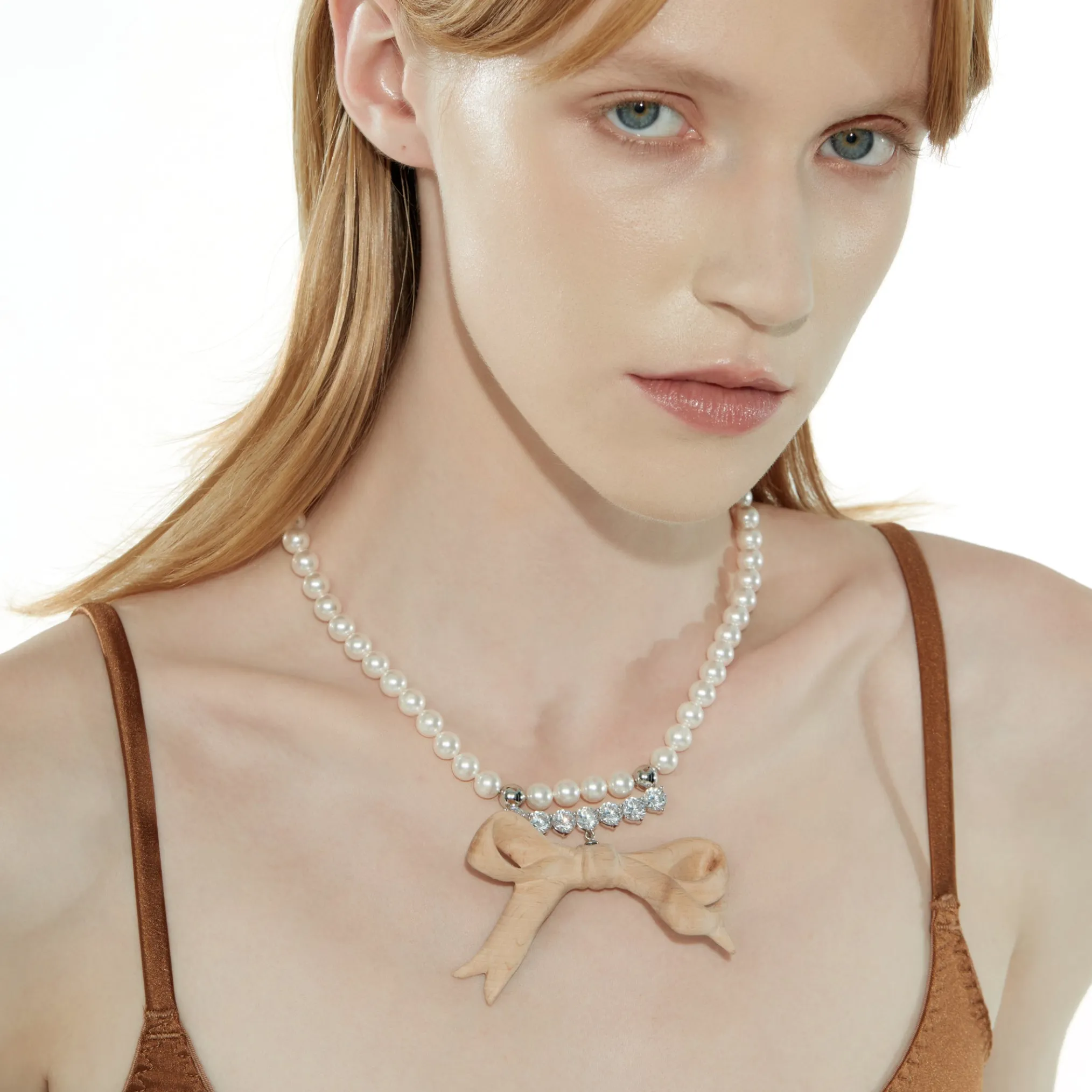 New Material / Wooden Bow Gemstone Pearl Necklace