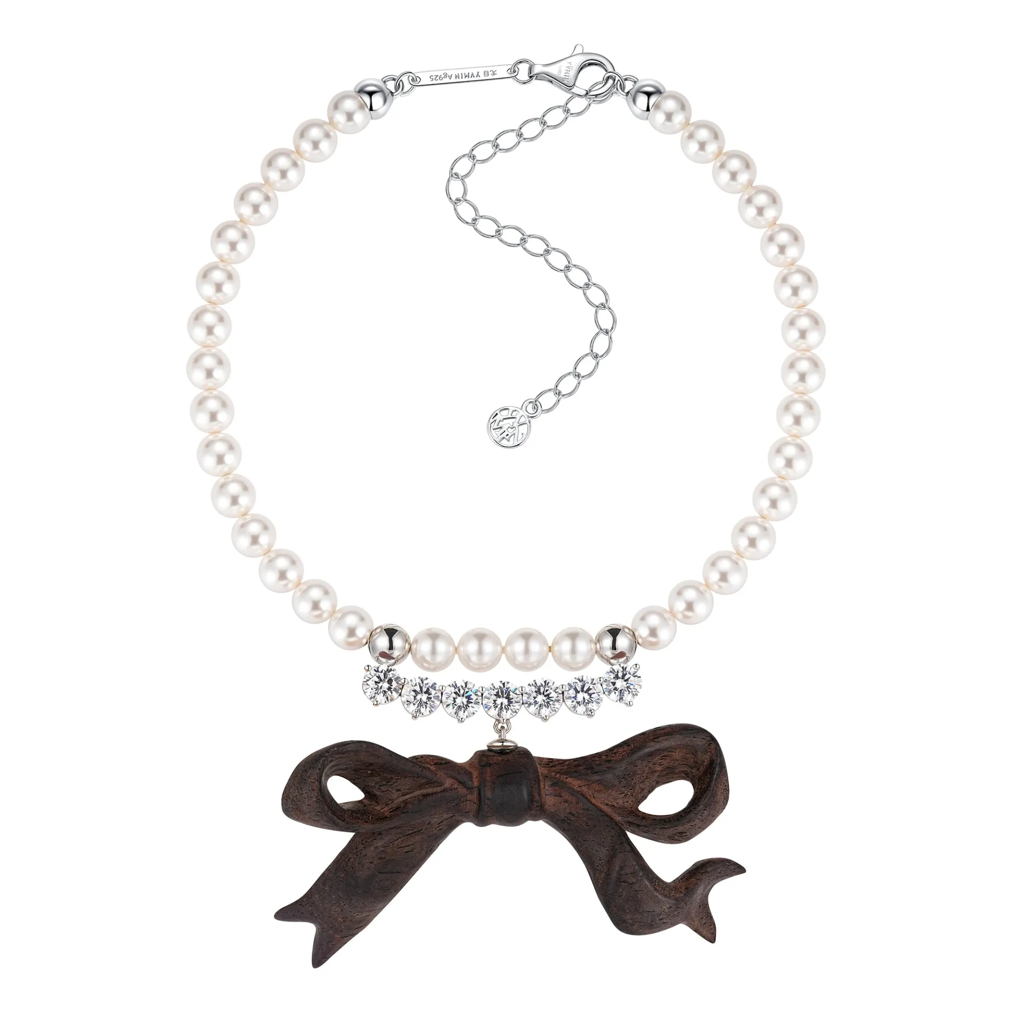 New Material / Wooden Bow Gemstone Pearl Necklace