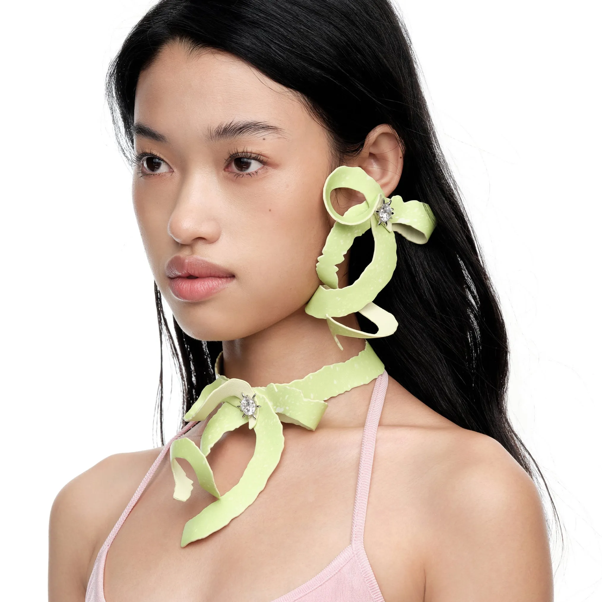 Paradise / Apple Peel Leather Bow Gemstone Earring