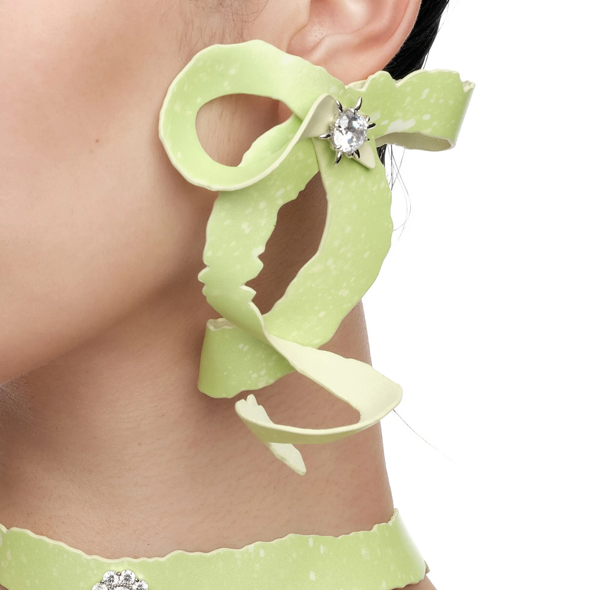 Paradise / Apple Peel Leather Bow Gemstone Earring