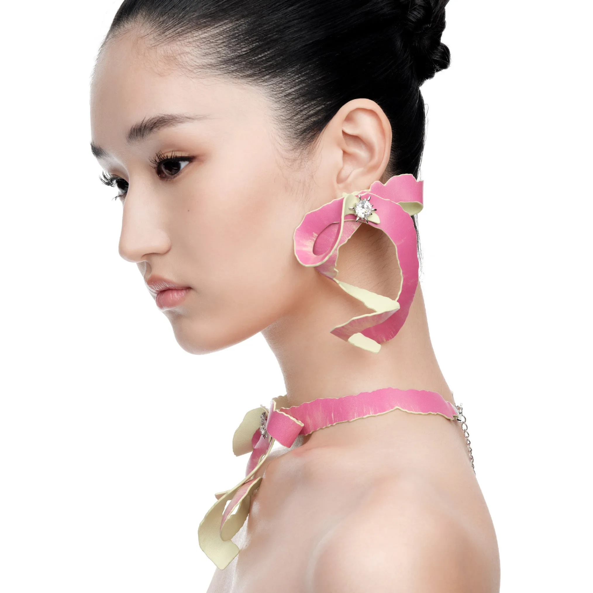 Paradise / Apple Peel Leather Bow Gemstone Earring