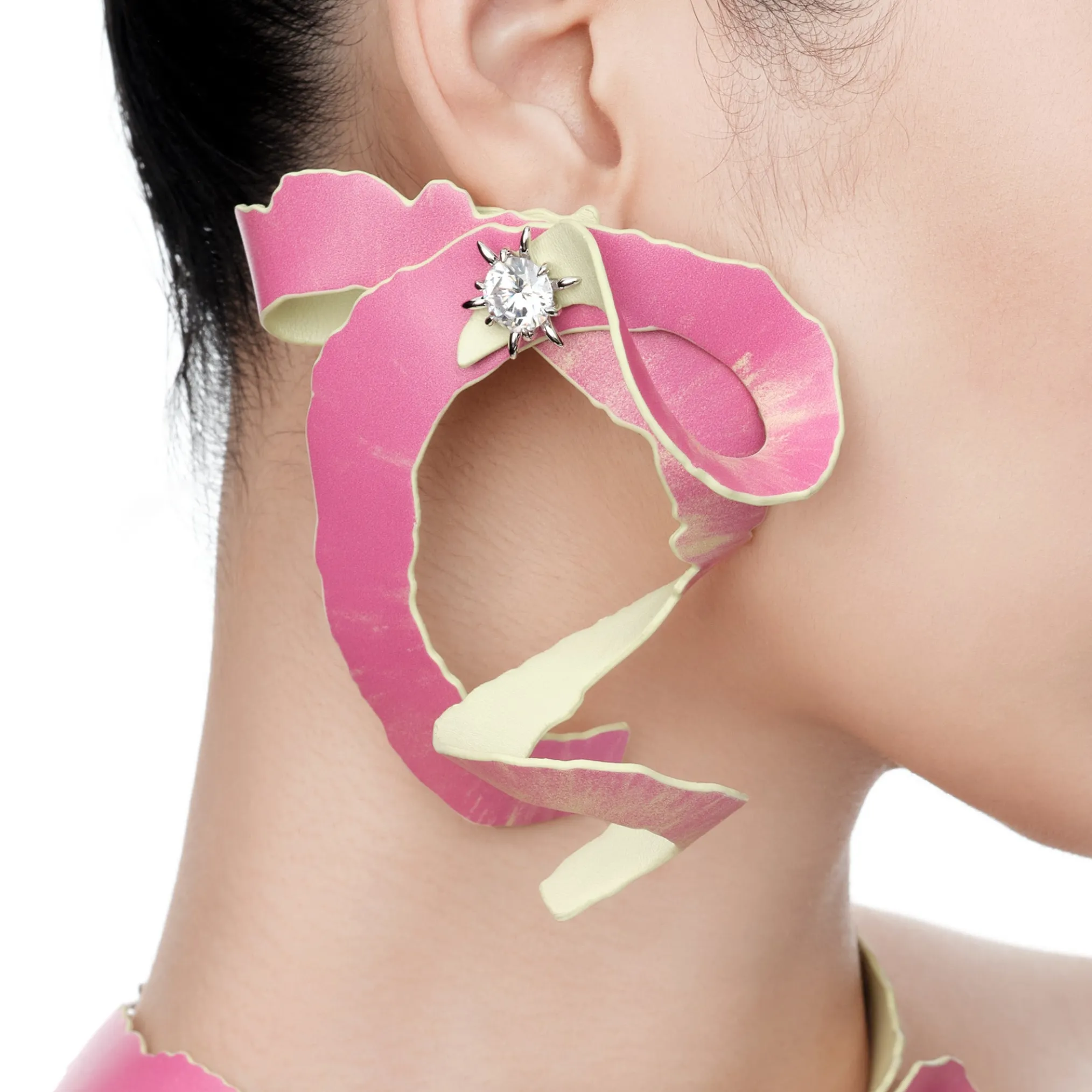 Paradise / Apple Peel Leather Bow Gemstone Earring