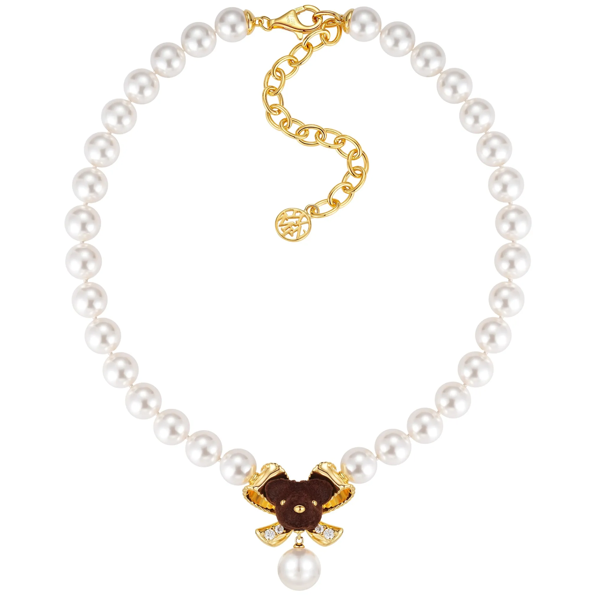Paradise / Bear Head Bow Pearl Necklace