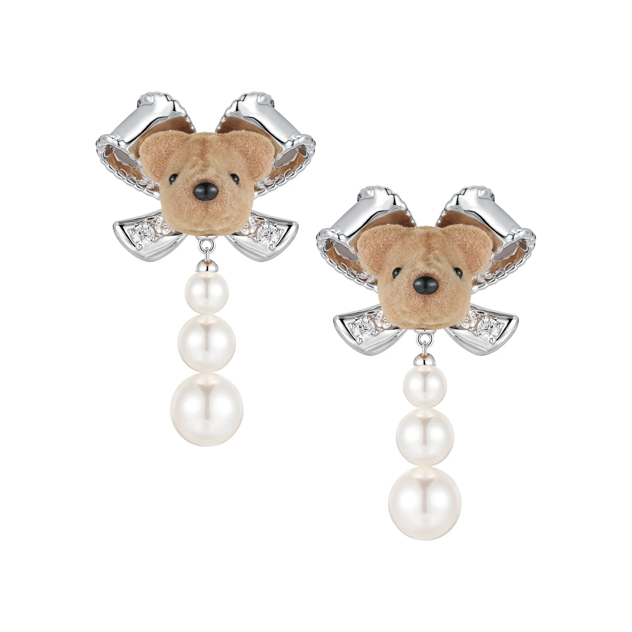 Paradise / Bear Head Bow Pearl Earrings
