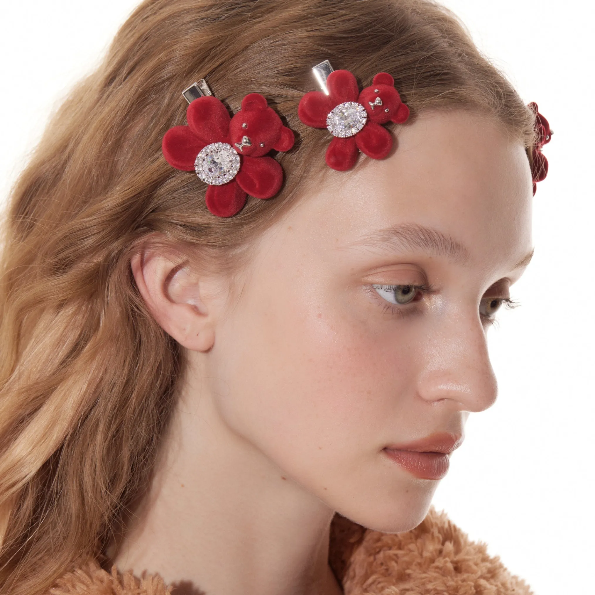 Paradise / Flocked Bear Gemstone Flower Hair Clip