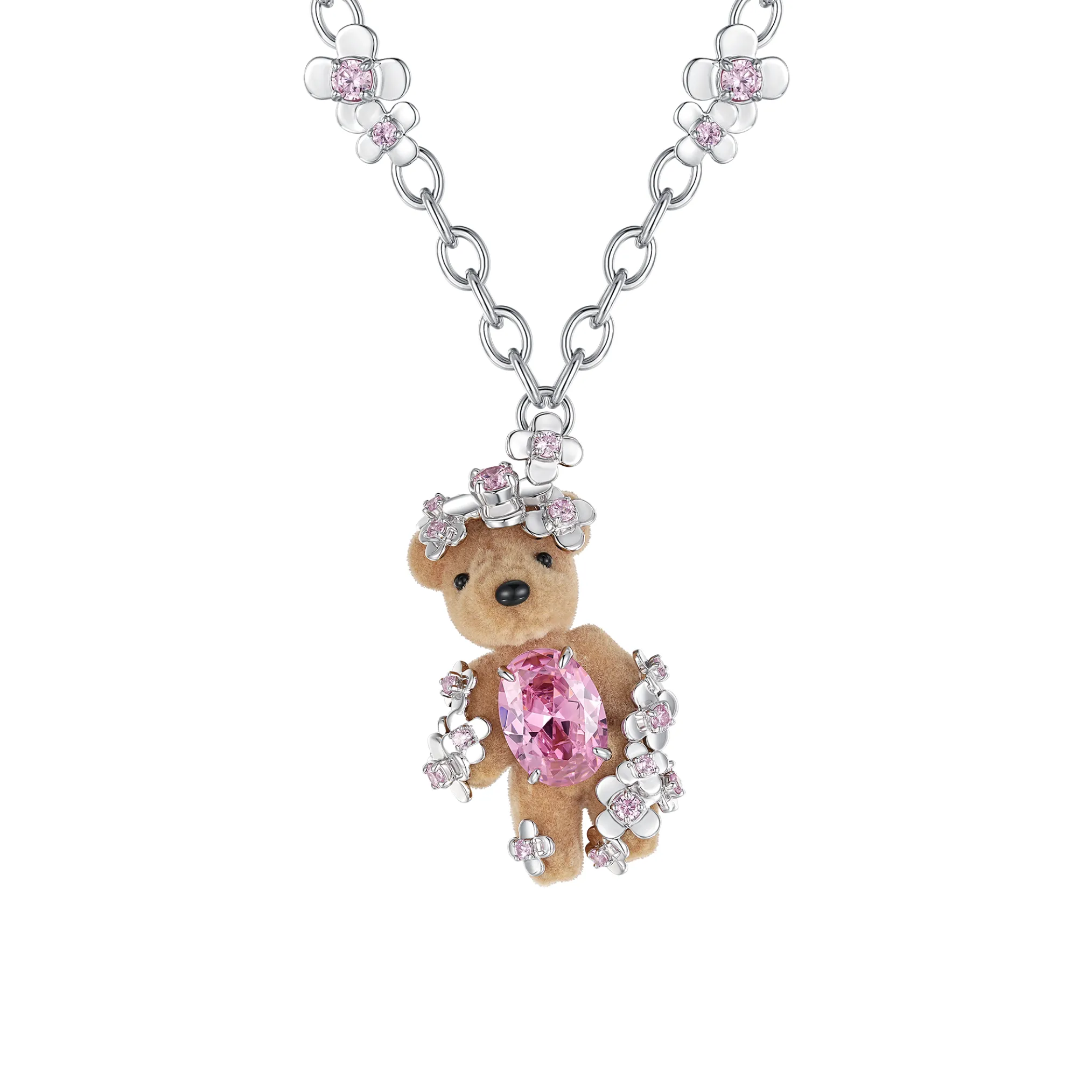 Paradise / Flower Covered Flocked Bear Necklace
