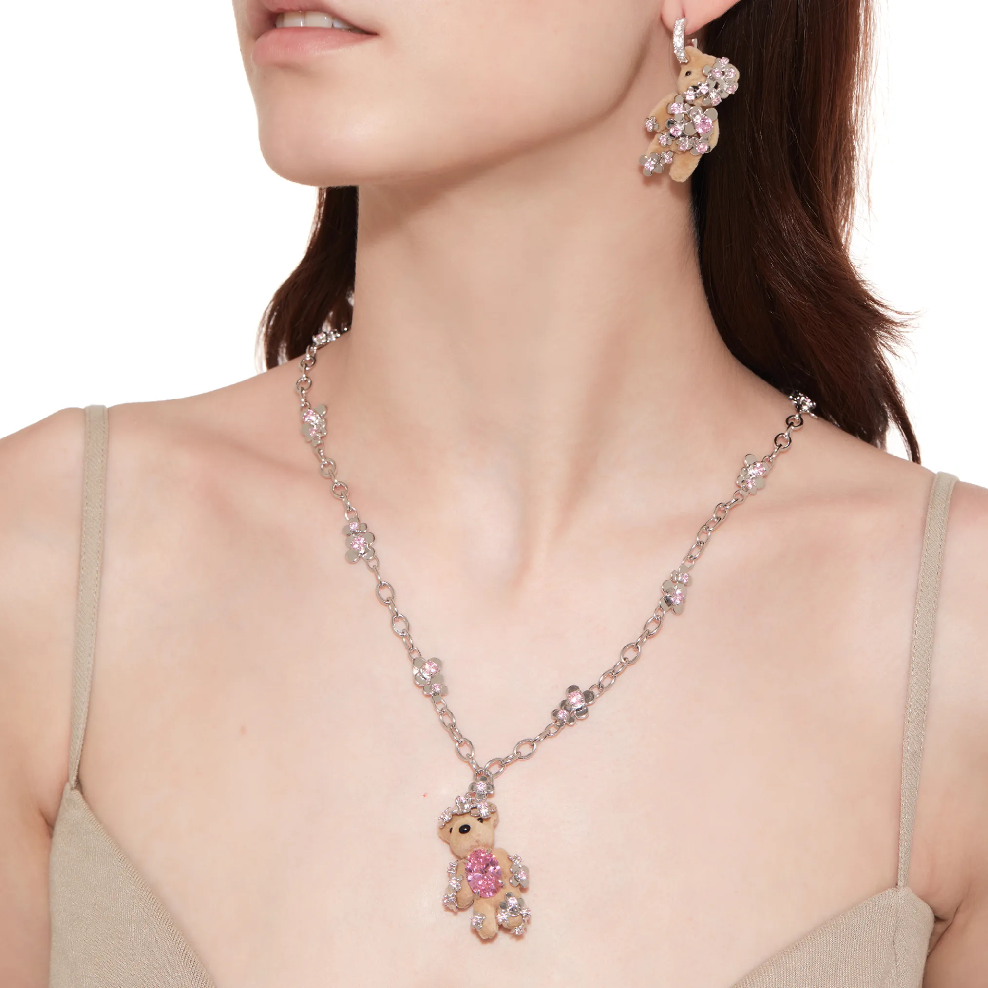 Paradise / Flower Covered Flocked Bear Necklace