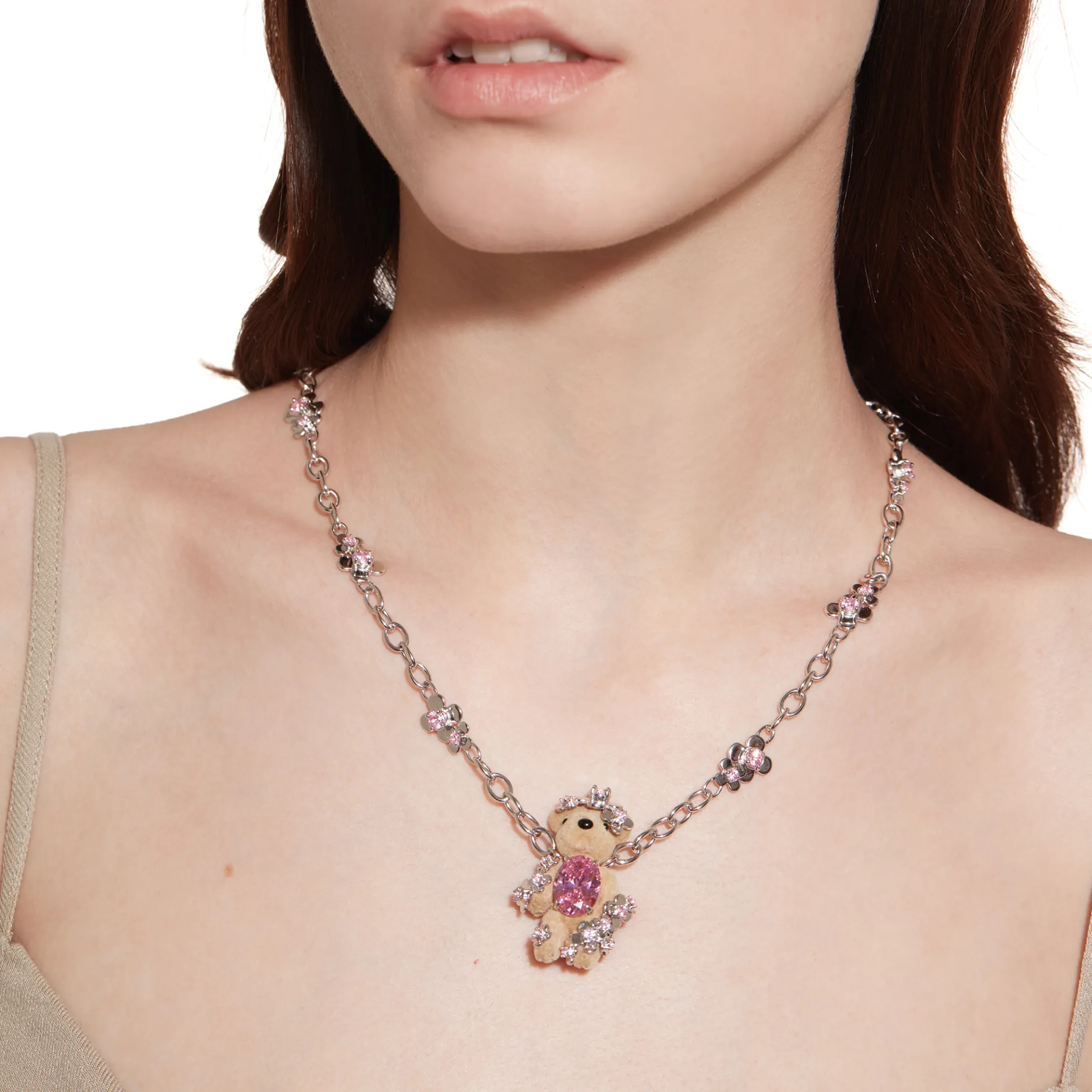 Paradise / Flower Covered Flocked Bear Necklace
