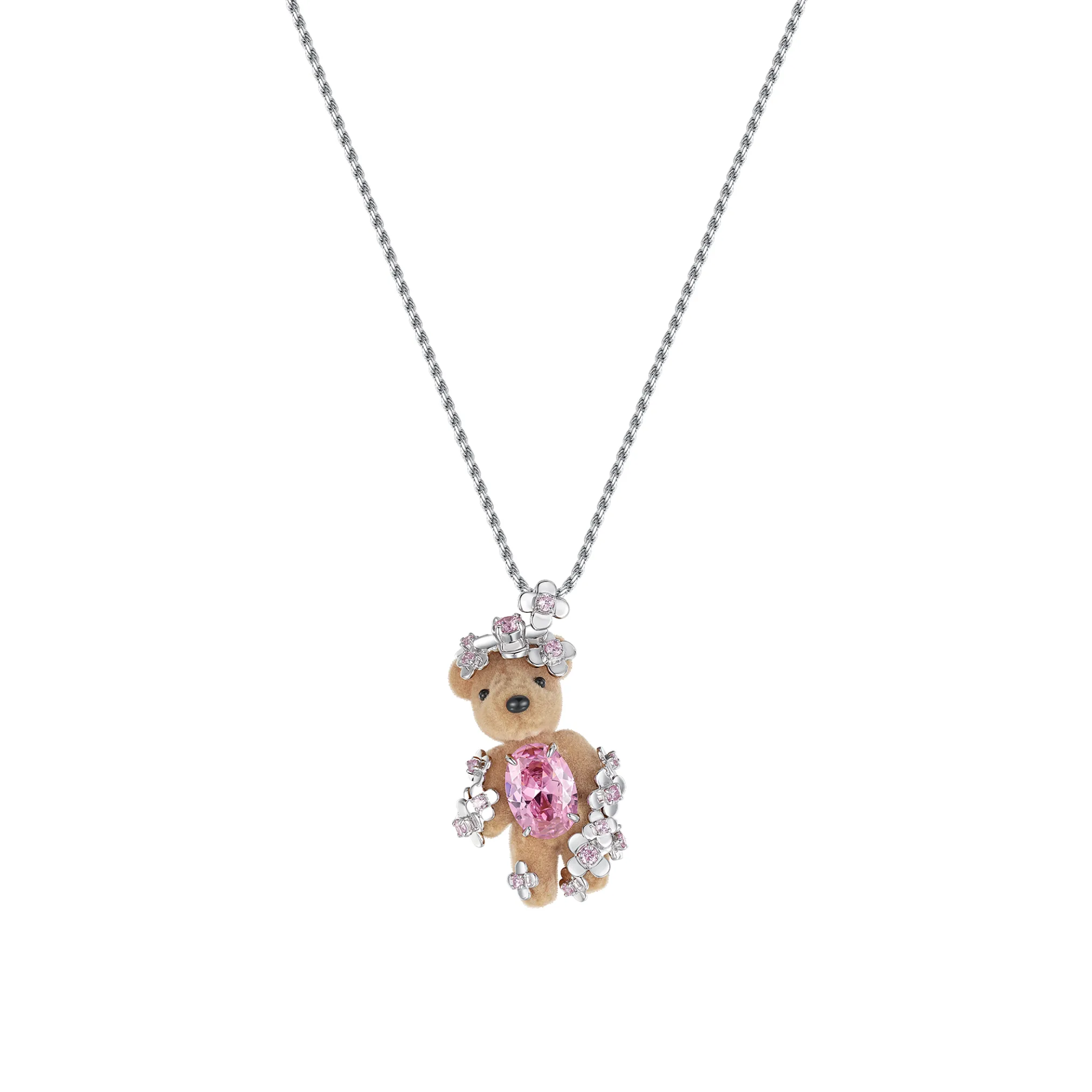 Paradise / Flower Covered Flocked Bear Necklace