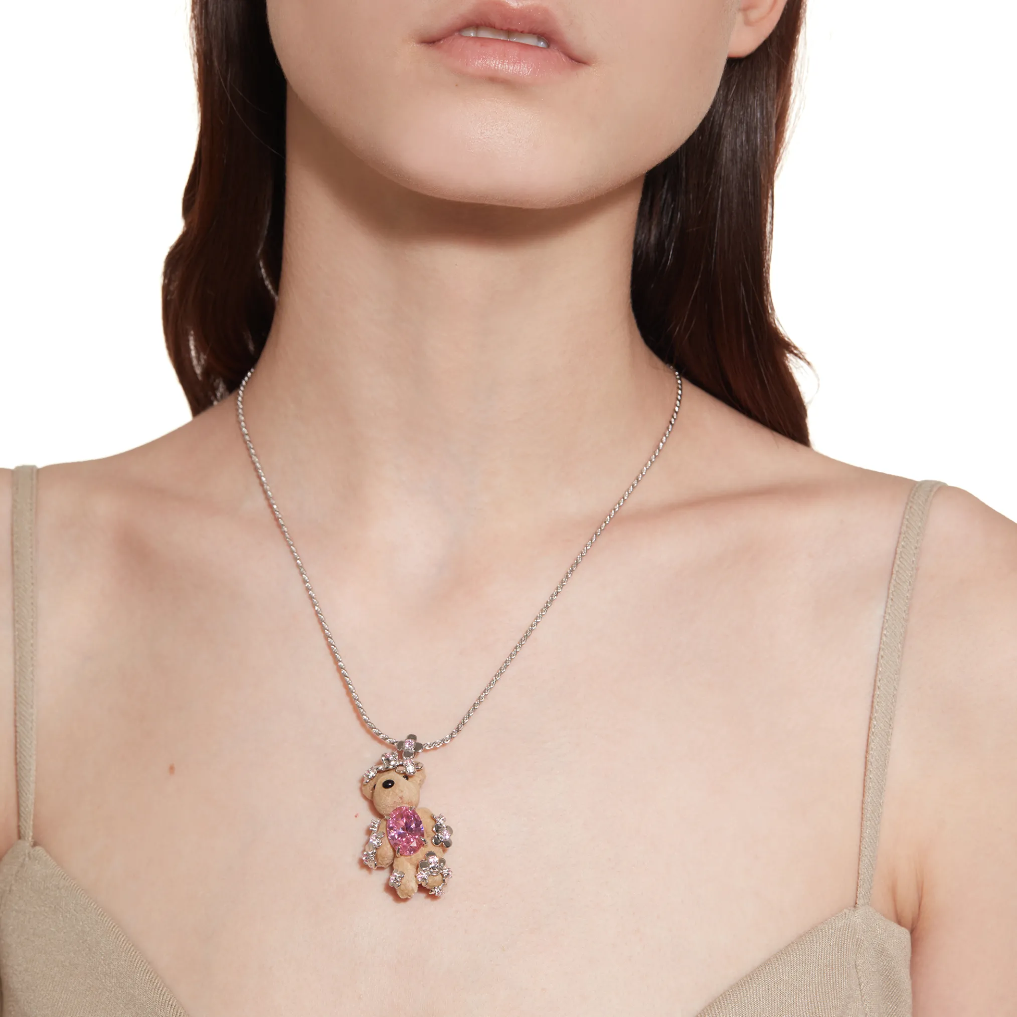 Paradise / Flower Covered Flocked Bear Necklace