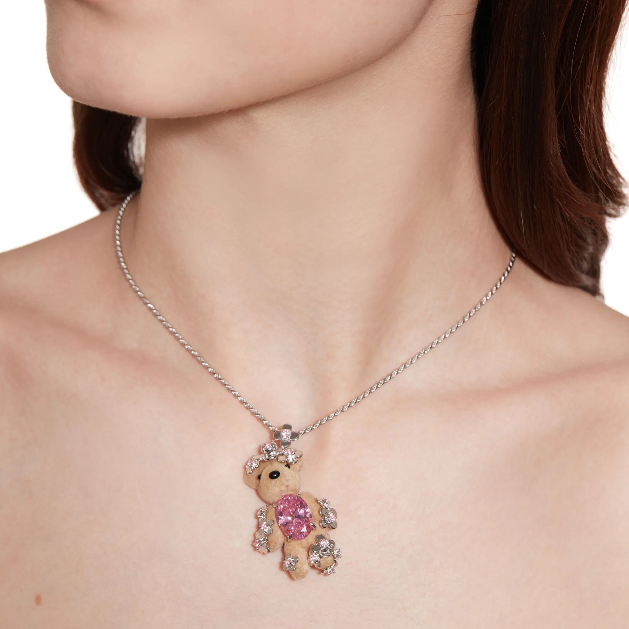 Paradise / Flower Covered Flocked Bear Necklace