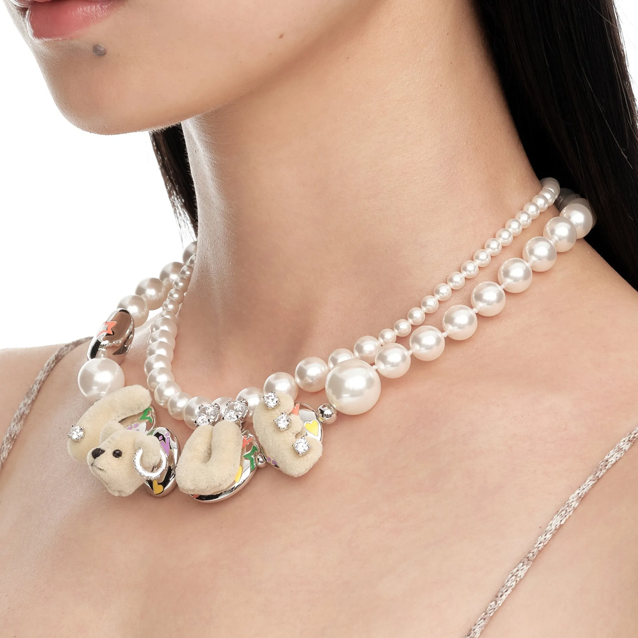 Paradise / LOVE Bear Pearl Double Layer Necklace