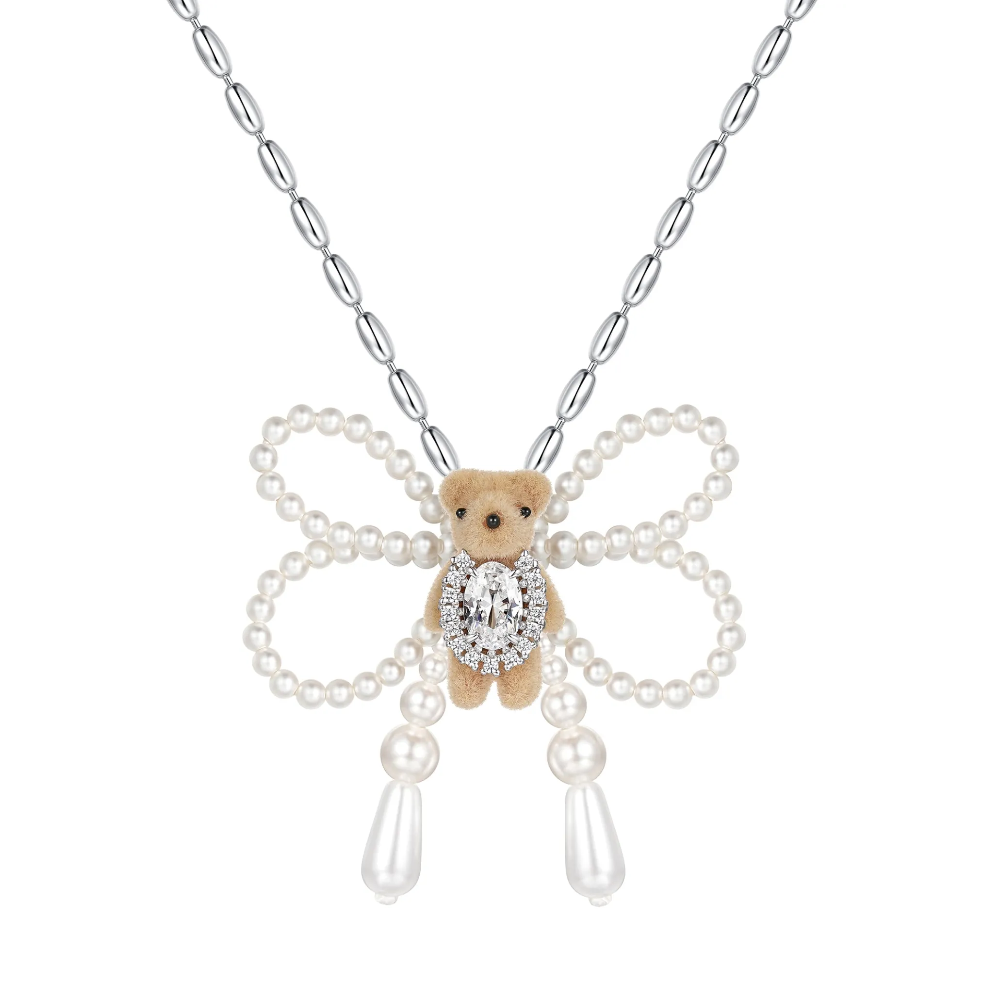 Paradise / Mini Flocked Bear Pearl Bowknot Necklace
