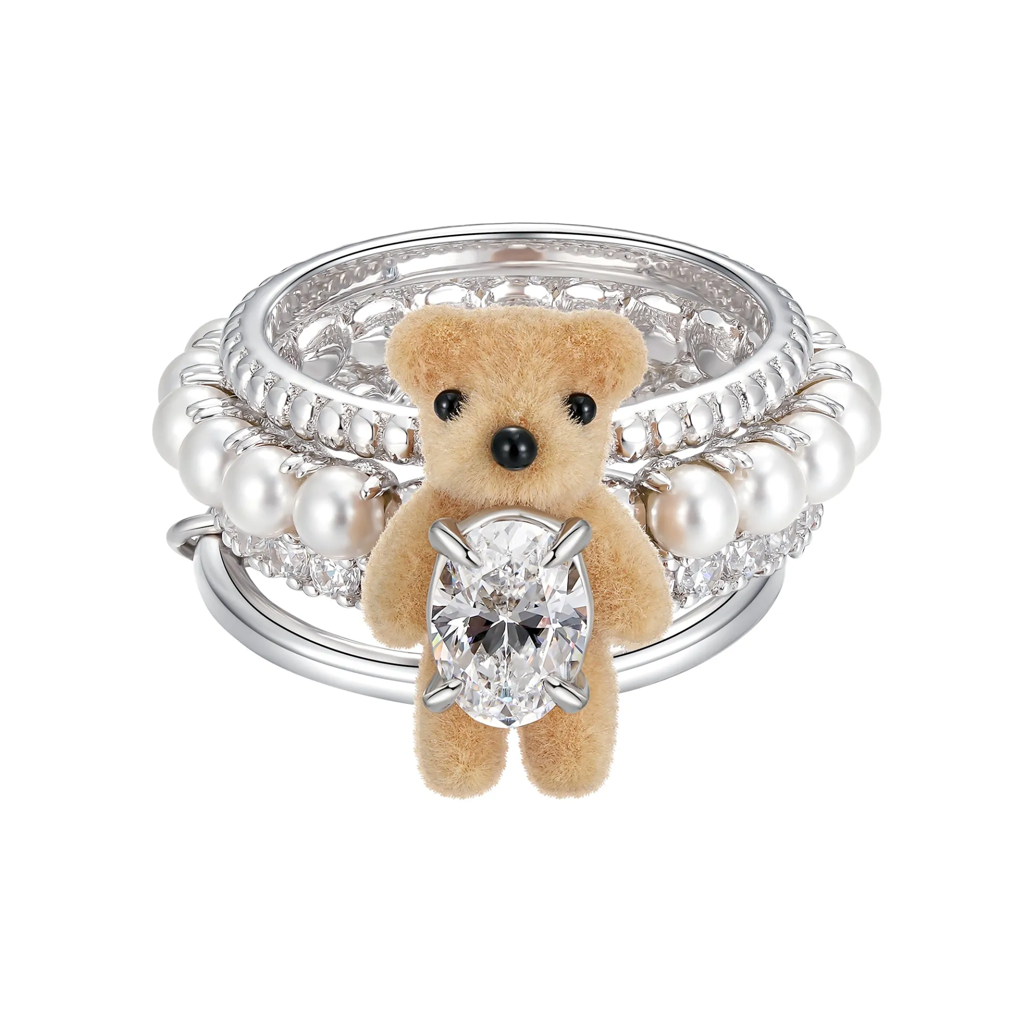 Paradise / Mini Flocked Bear Layers Pearl Ring