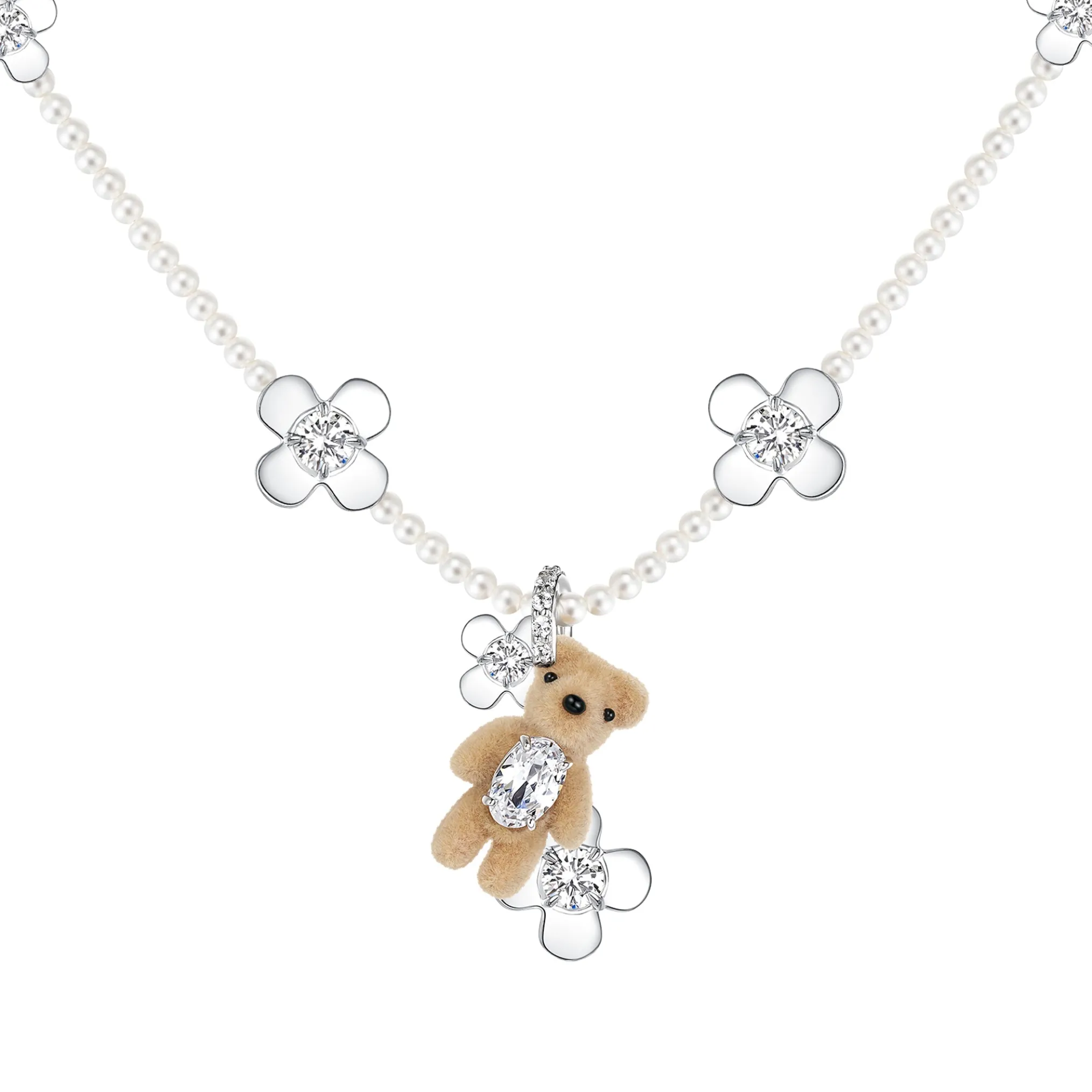 Paradise / Mini Flocked Bear Flowers Pearl Necklace