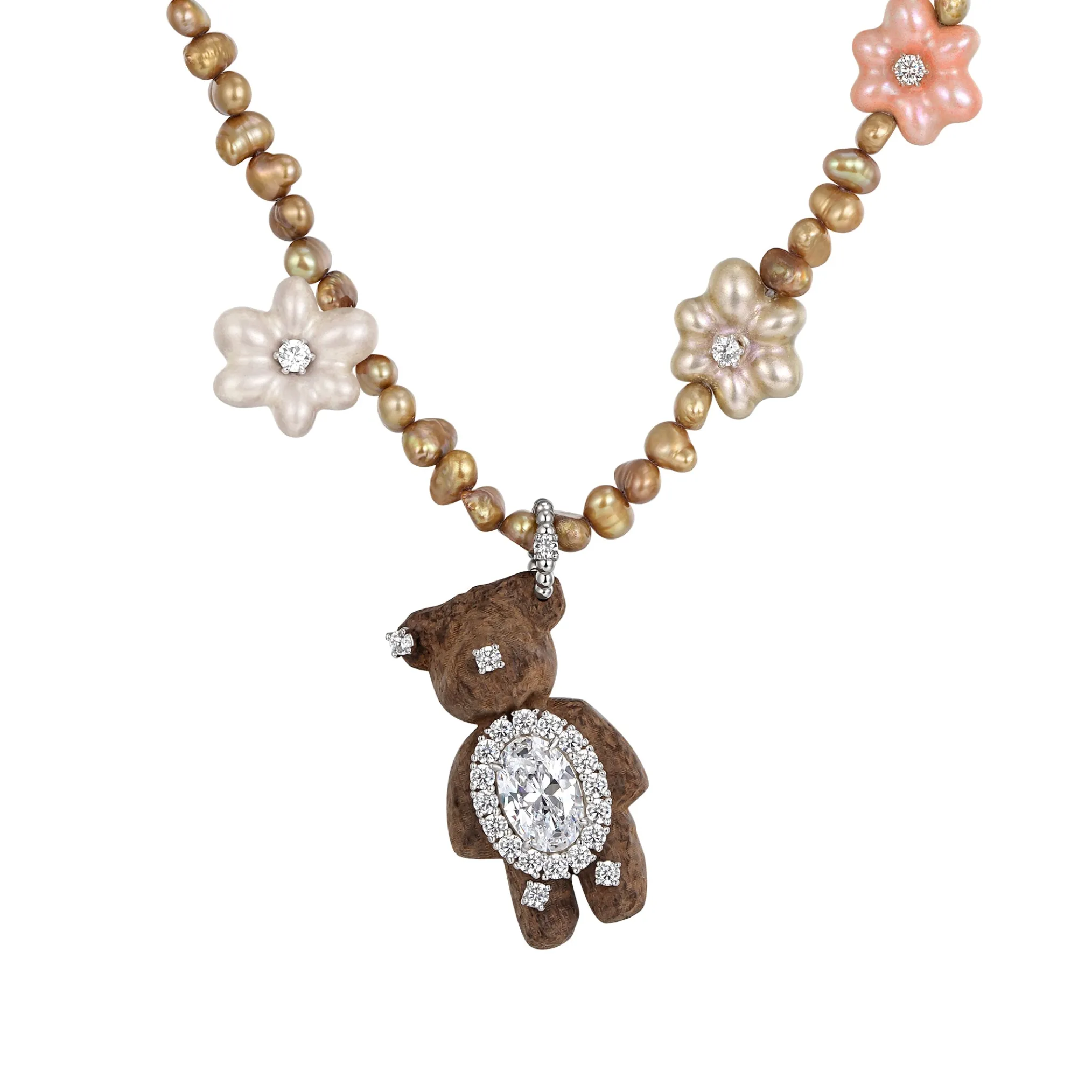 Paradise / Wooden Bear Pearl Flower Necklace