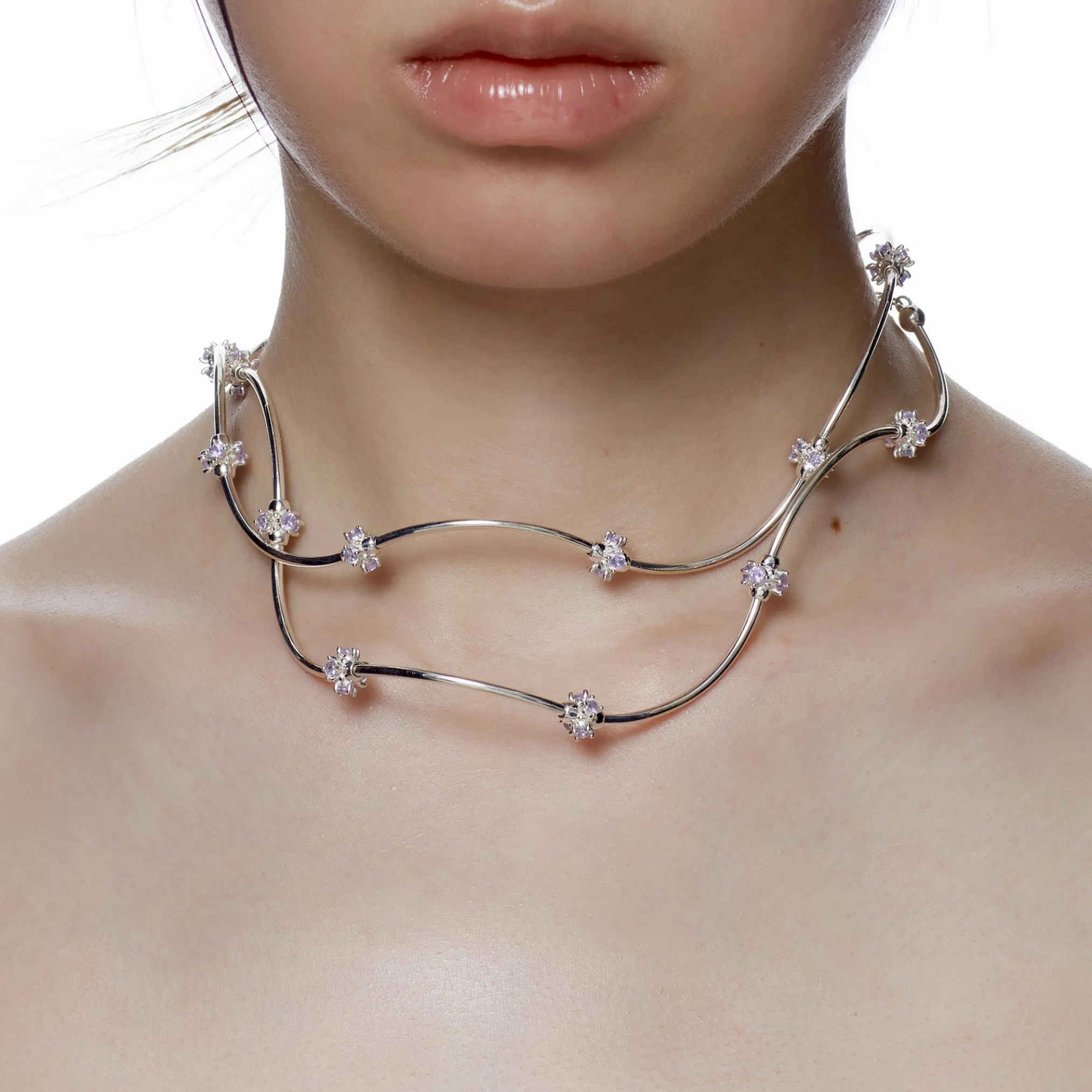 Ripple / Curved Silver Tube Gemstone Bead Necklace