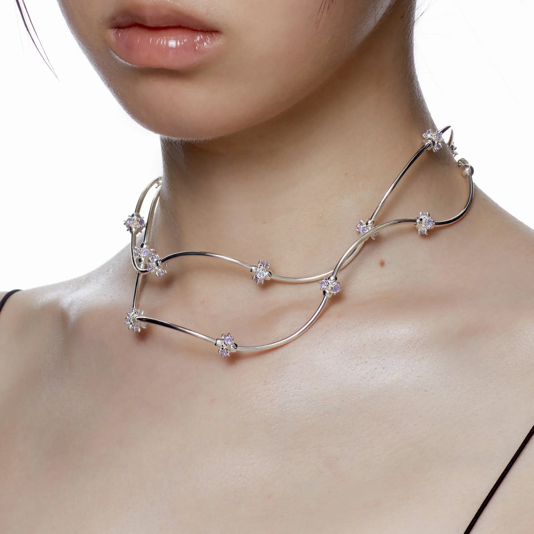 Ripple / Curved Silver Tube Gemstone Bead Necklace