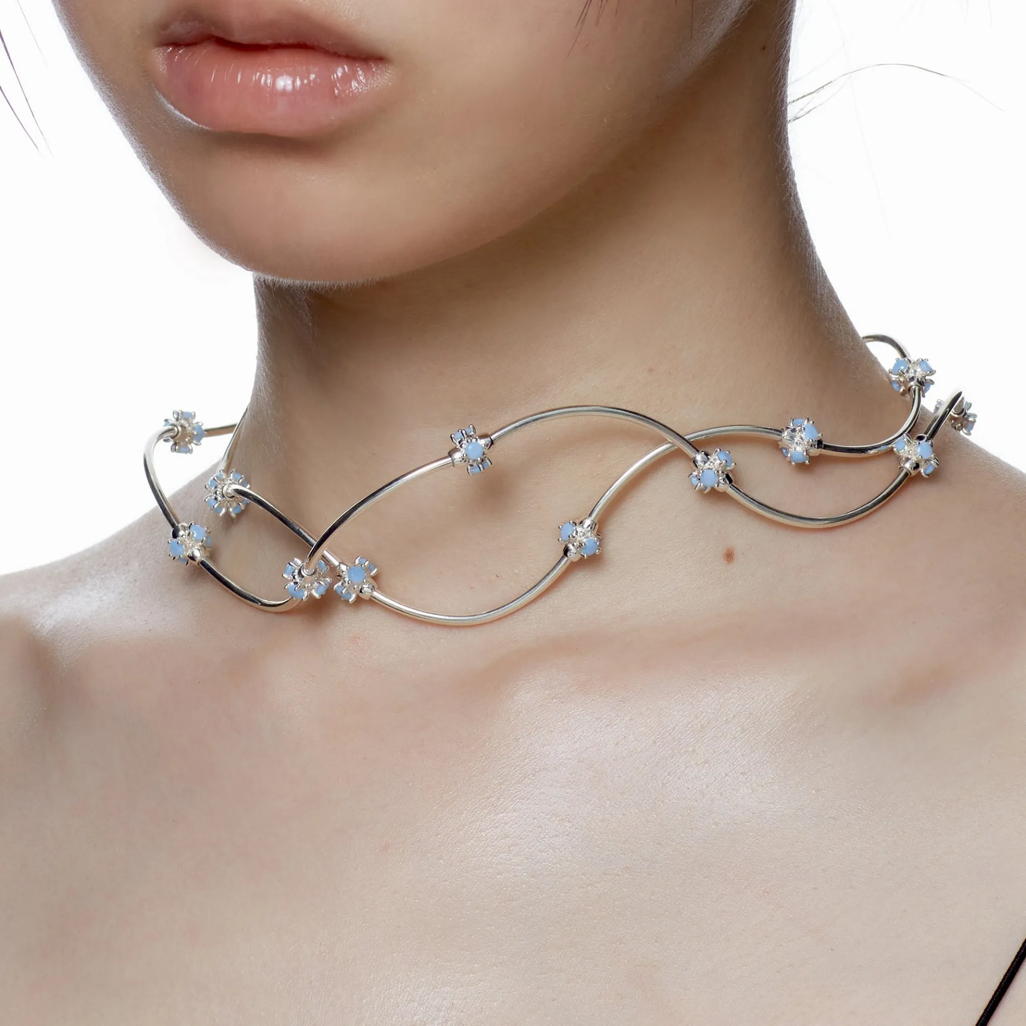 Ripple / Curved Silver Tube Gemstone Bead Necklace