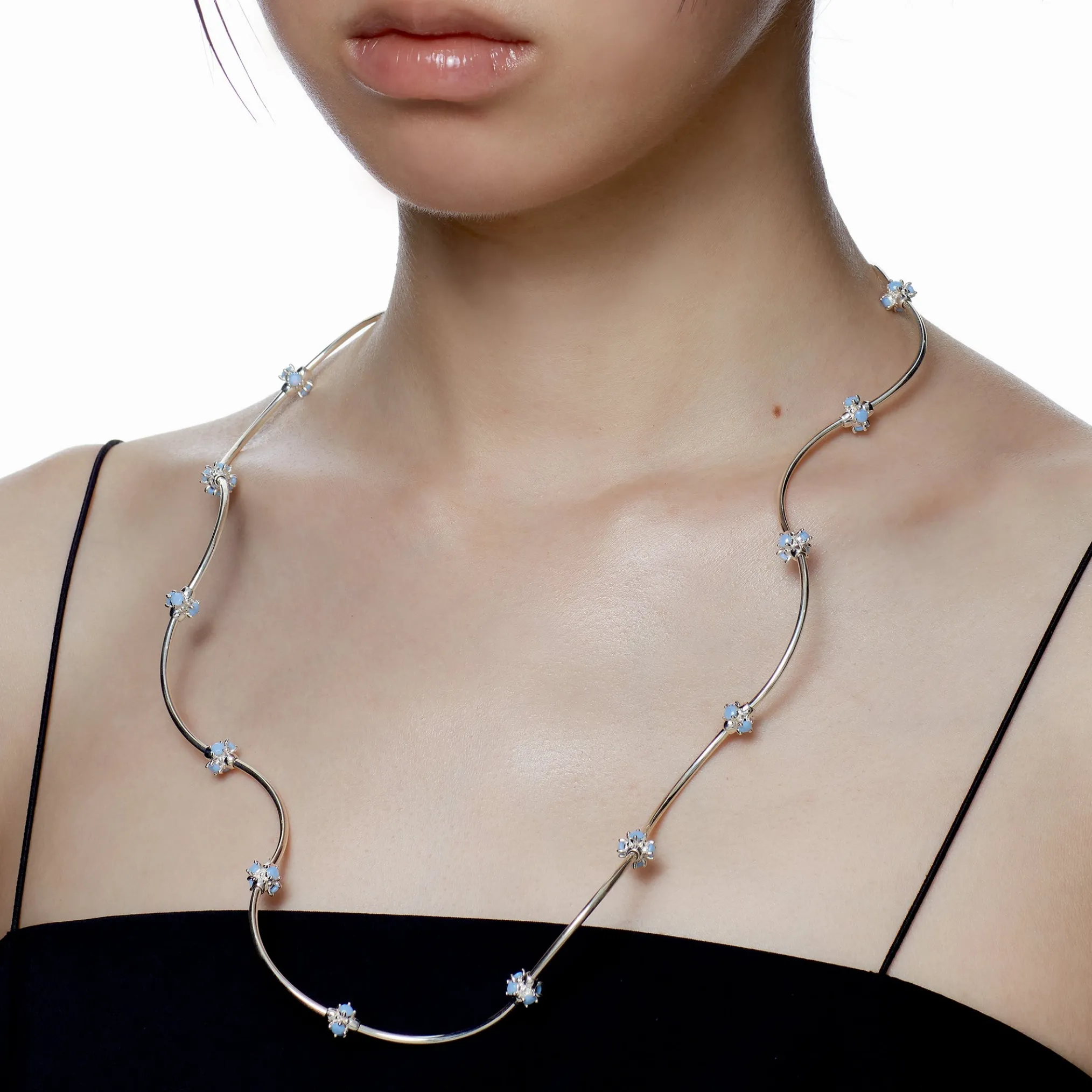 Ripple / Curved Silver Tube Gemstone Bead Necklace