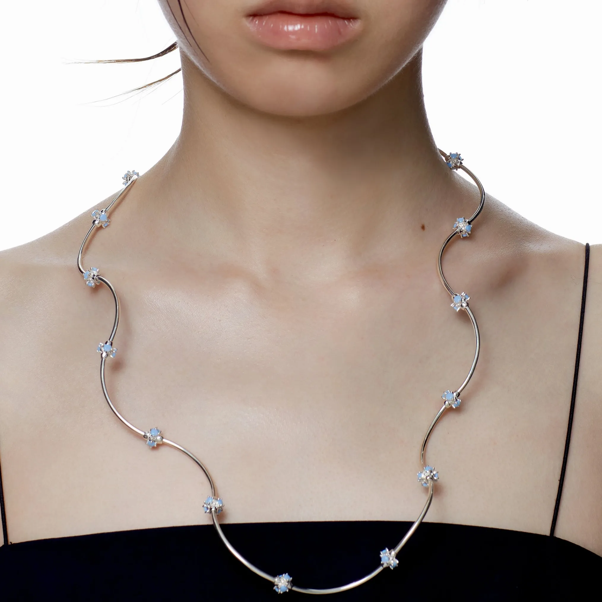 Ripple / Curved Silver Tube Gemstone Bead Necklace