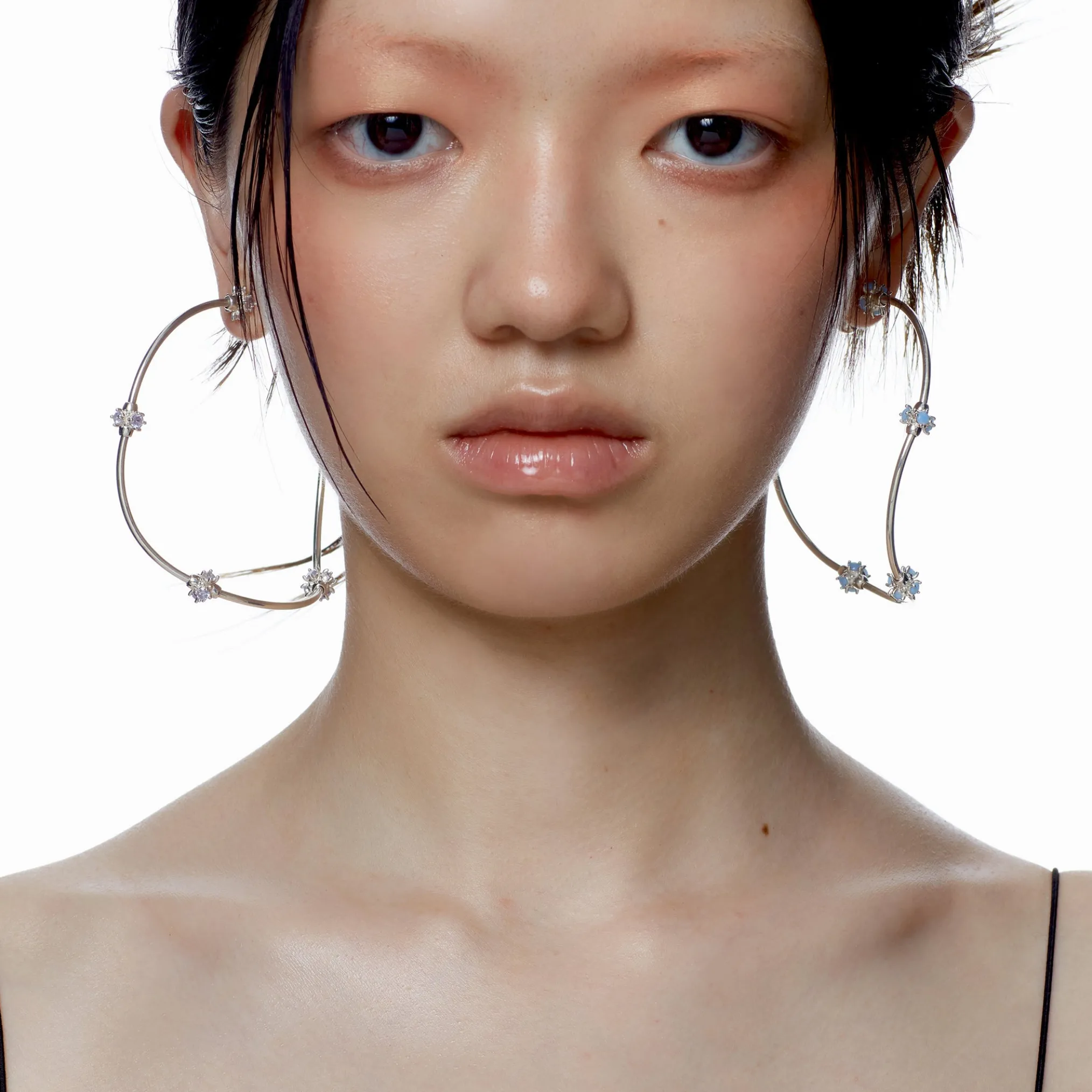 Ripple / Curved Silver Tube Gemstone Earring