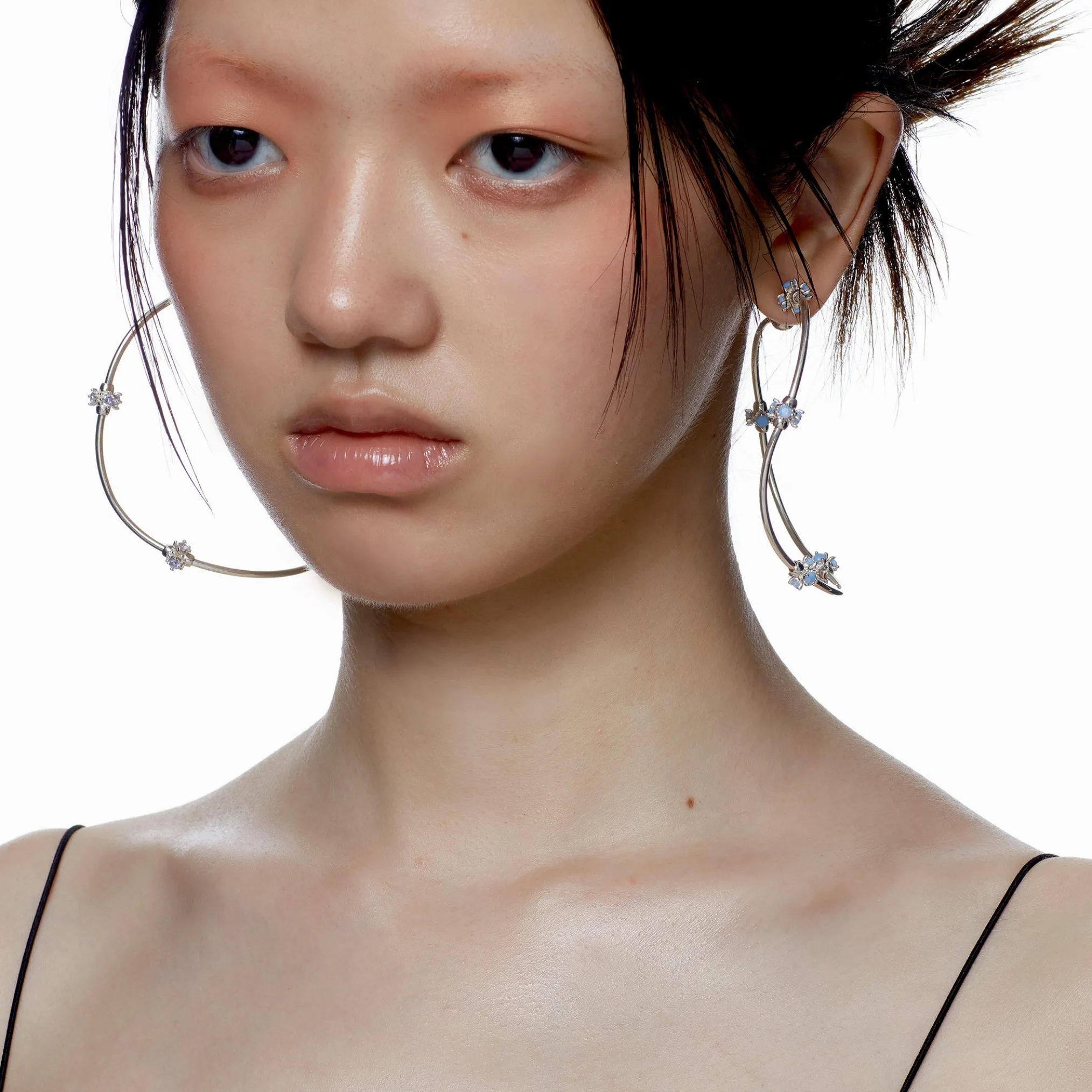 Ripple / Curved Silver Tube Gemstone Earring