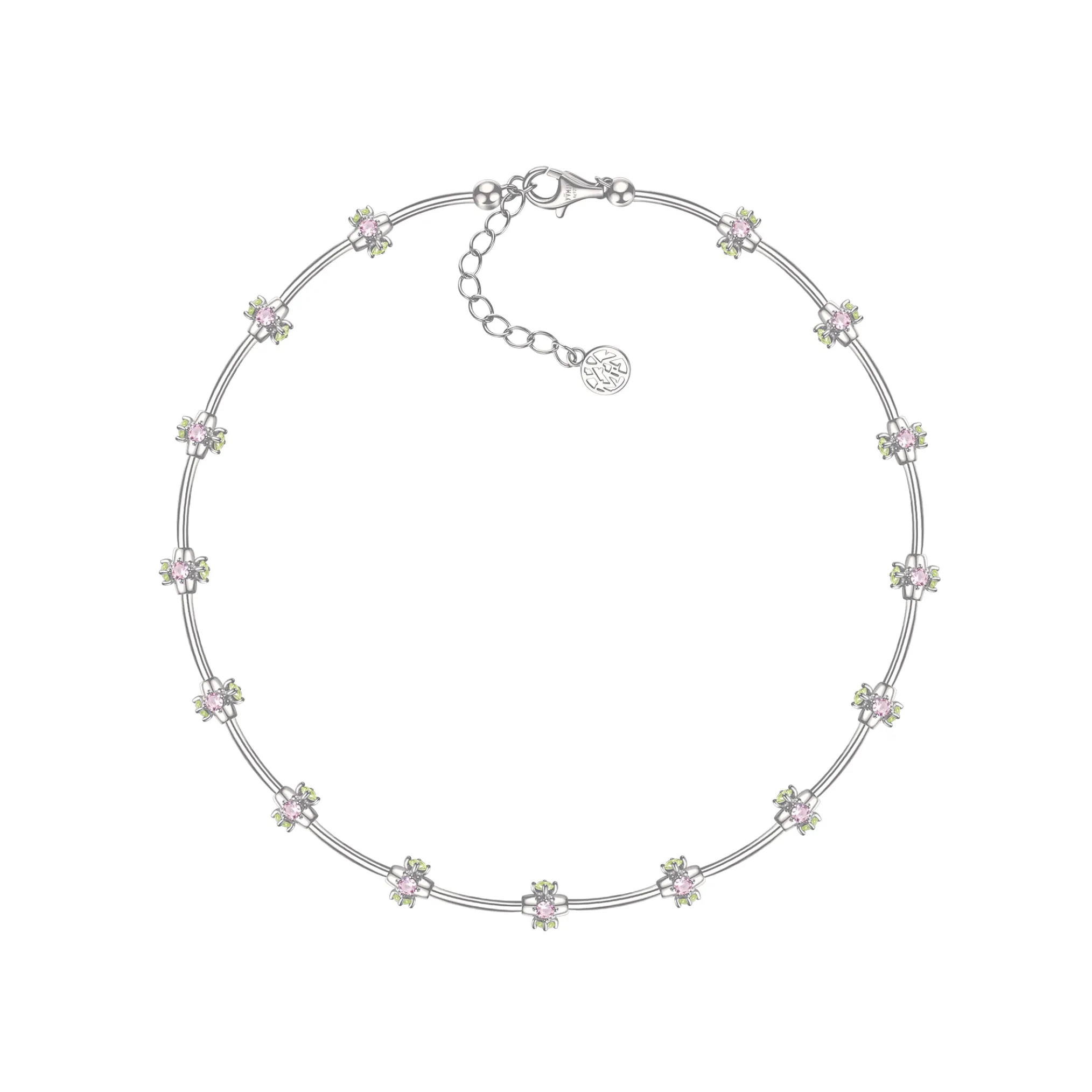 Ripple / Curved Silver Tube Gem Bead Short Necklace(Bracelet)