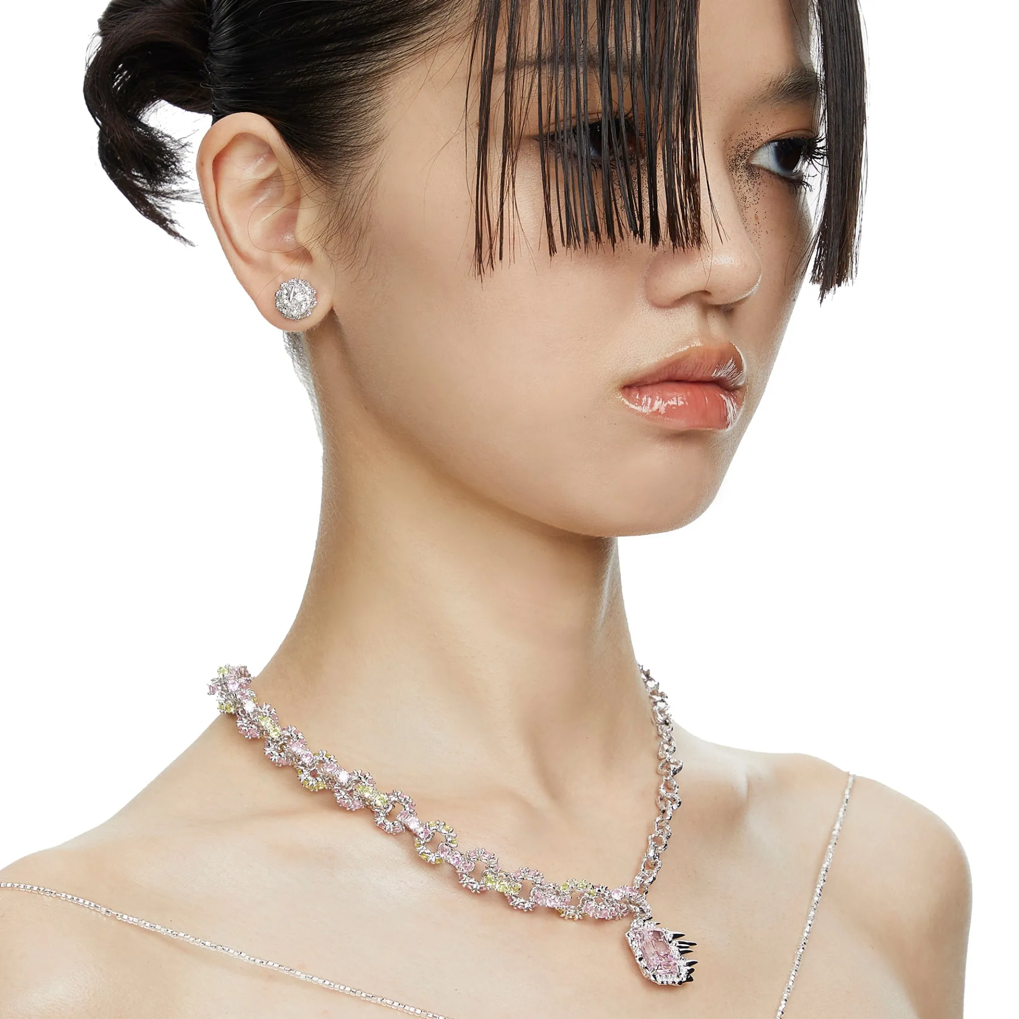 Ripple / Pave gemstone chain stitching necklace