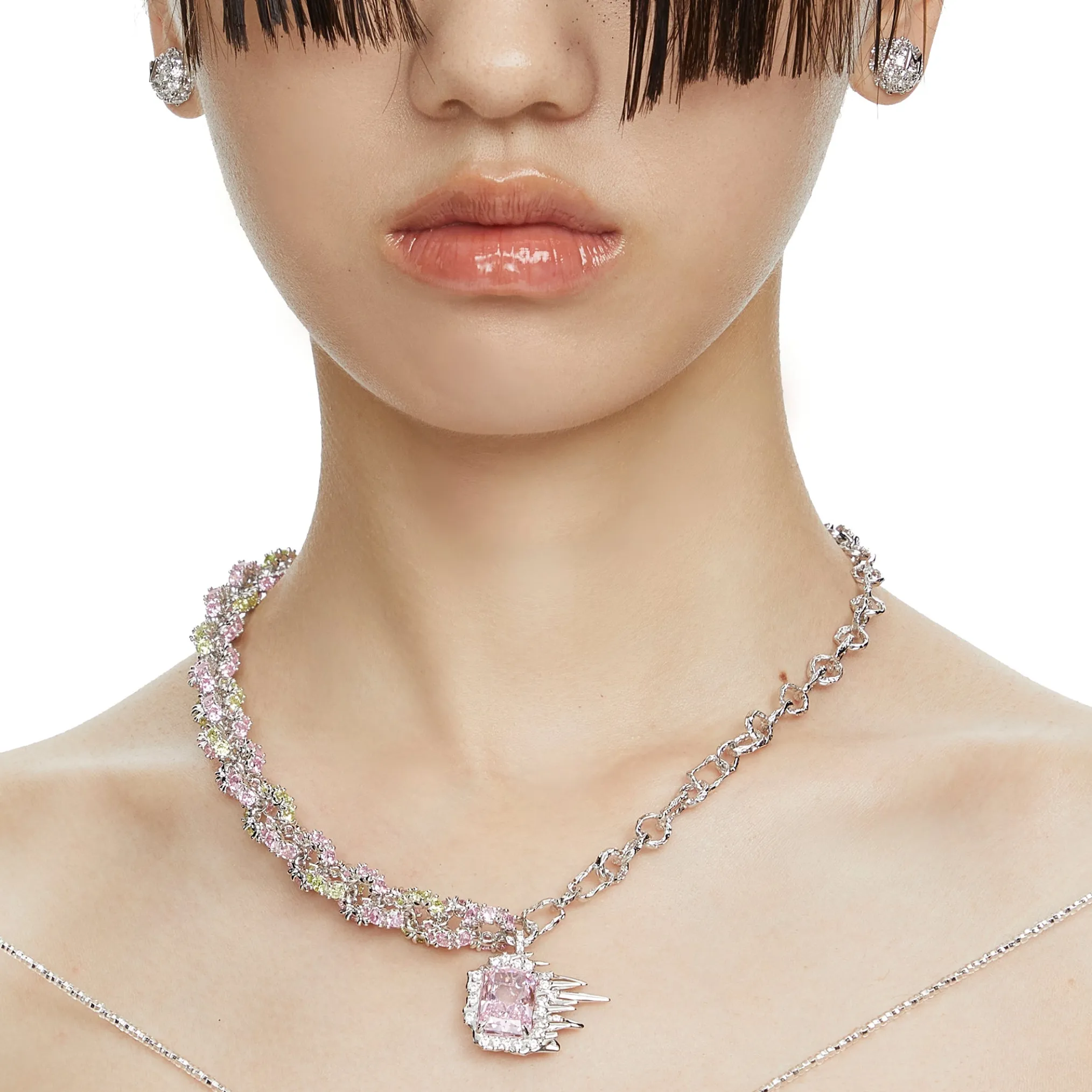 Ripple / Pave gemstone chain stitching necklace