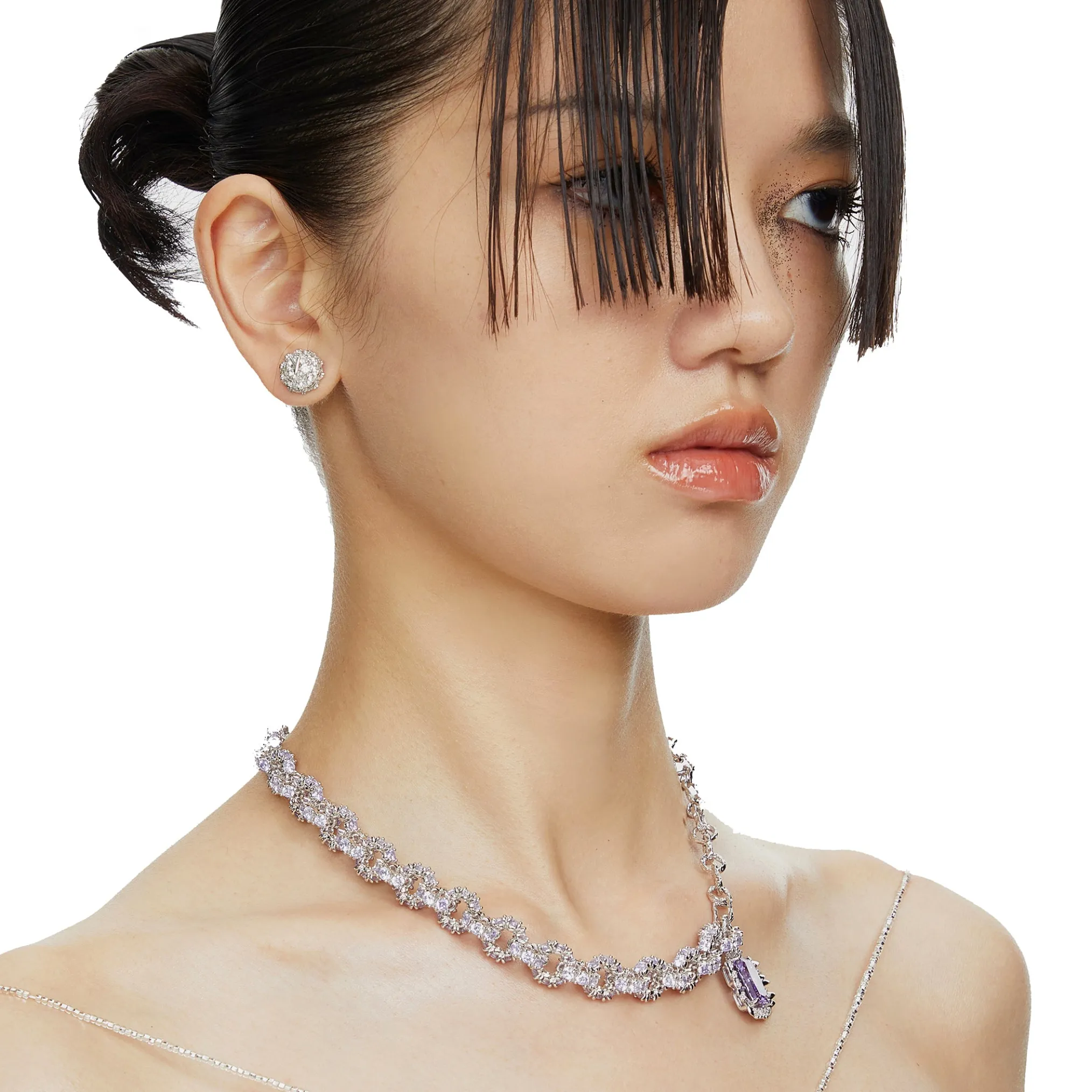 Ripple / Pave gemstone chain stitching necklace