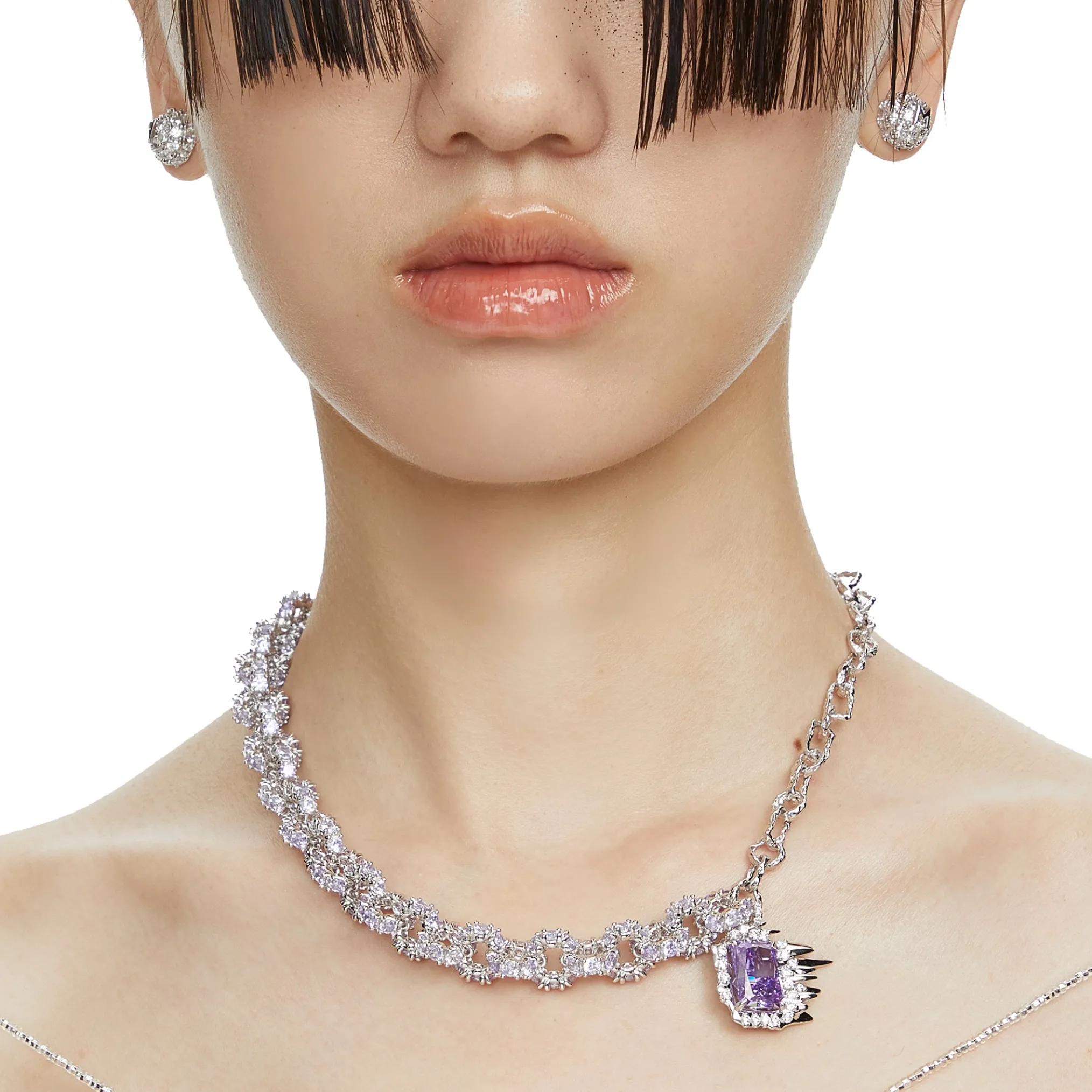 Ripple / Pave gemstone chain stitching necklace