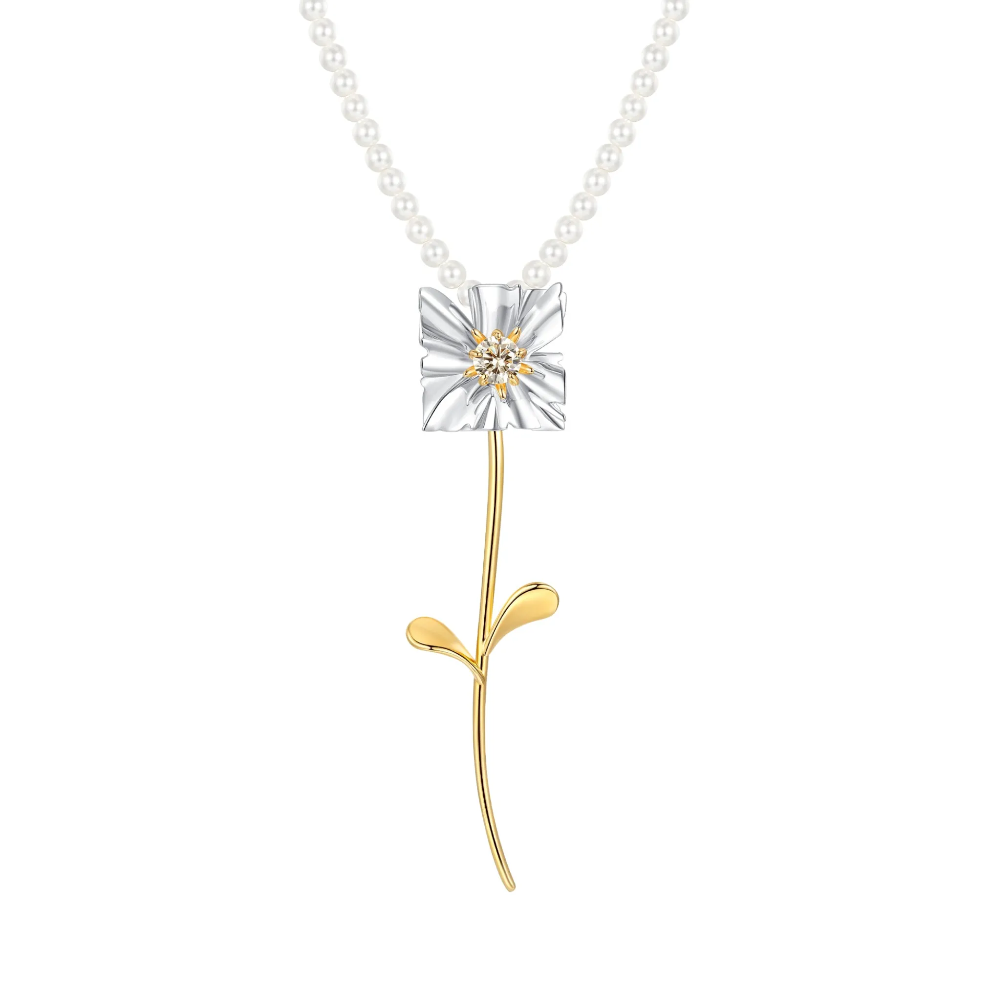 Ripple / Square Flower Pearl Chain Necklace