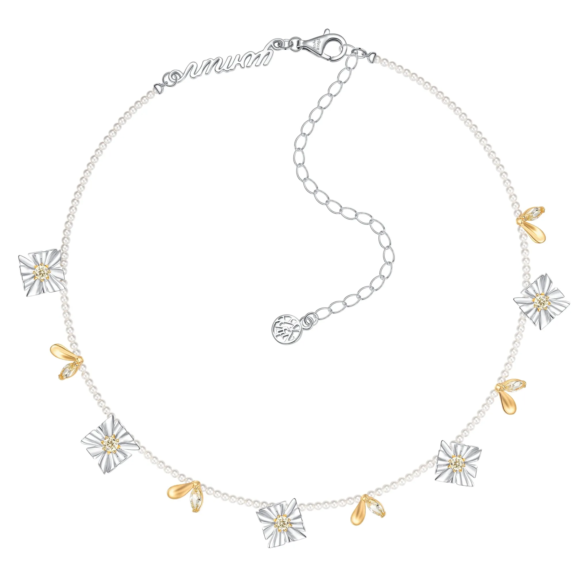 Ripple / Square Flower Pearl Chain Chocker