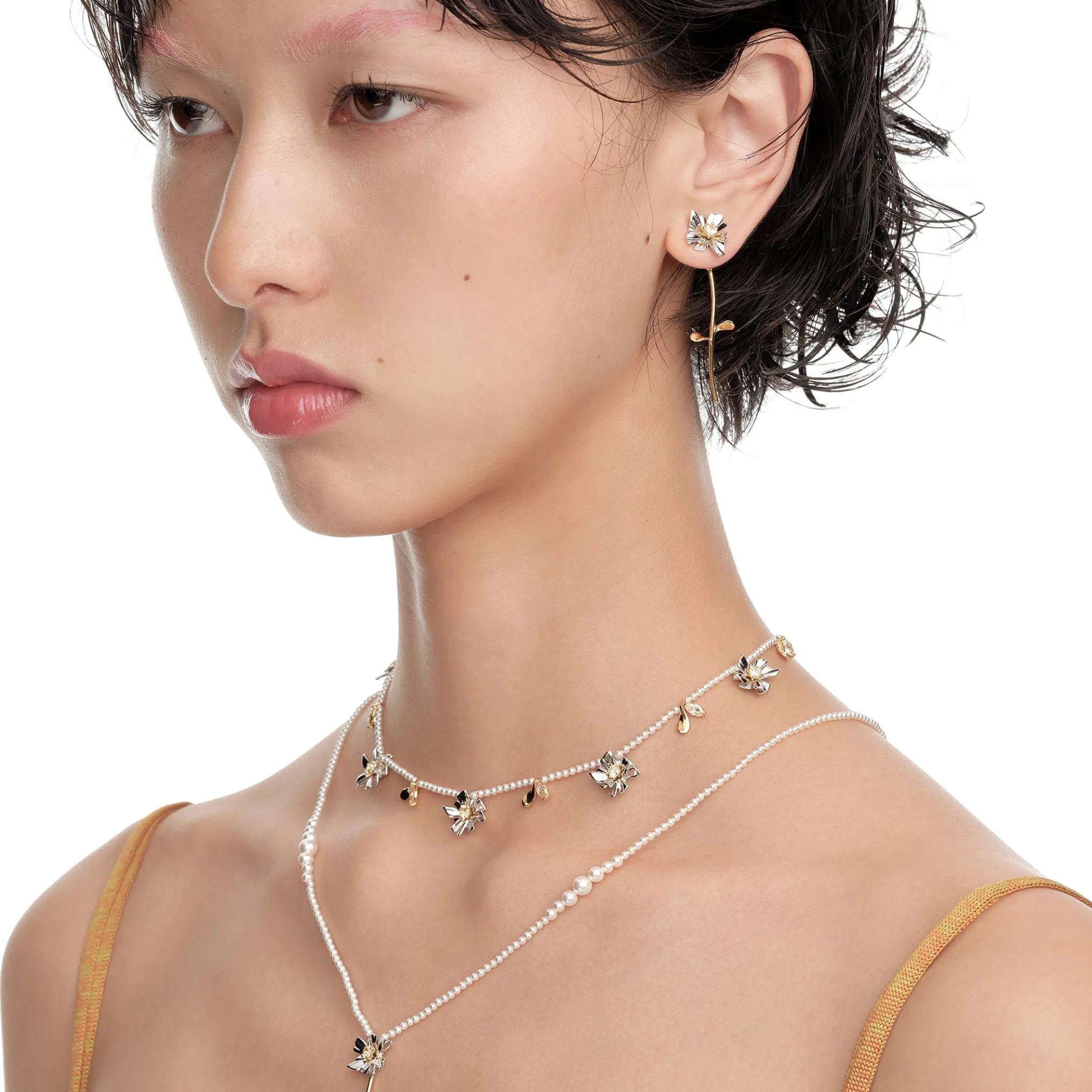 Ripple / Square Flower Pearl Chain Chocker