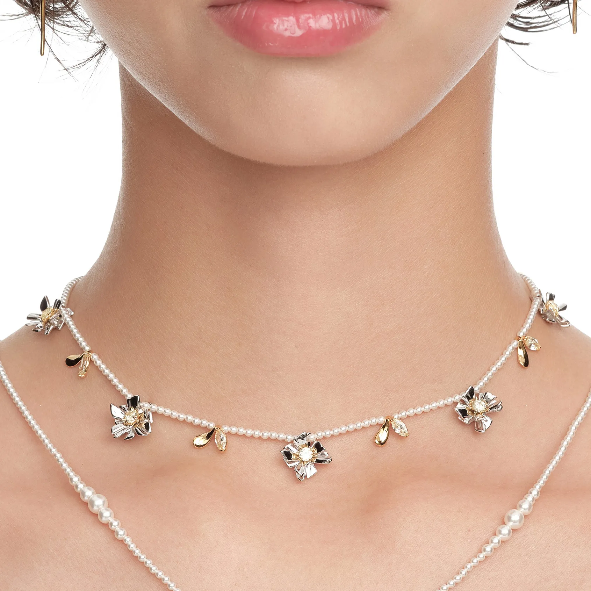 Ripple / Square Flower Pearl Chain Chocker