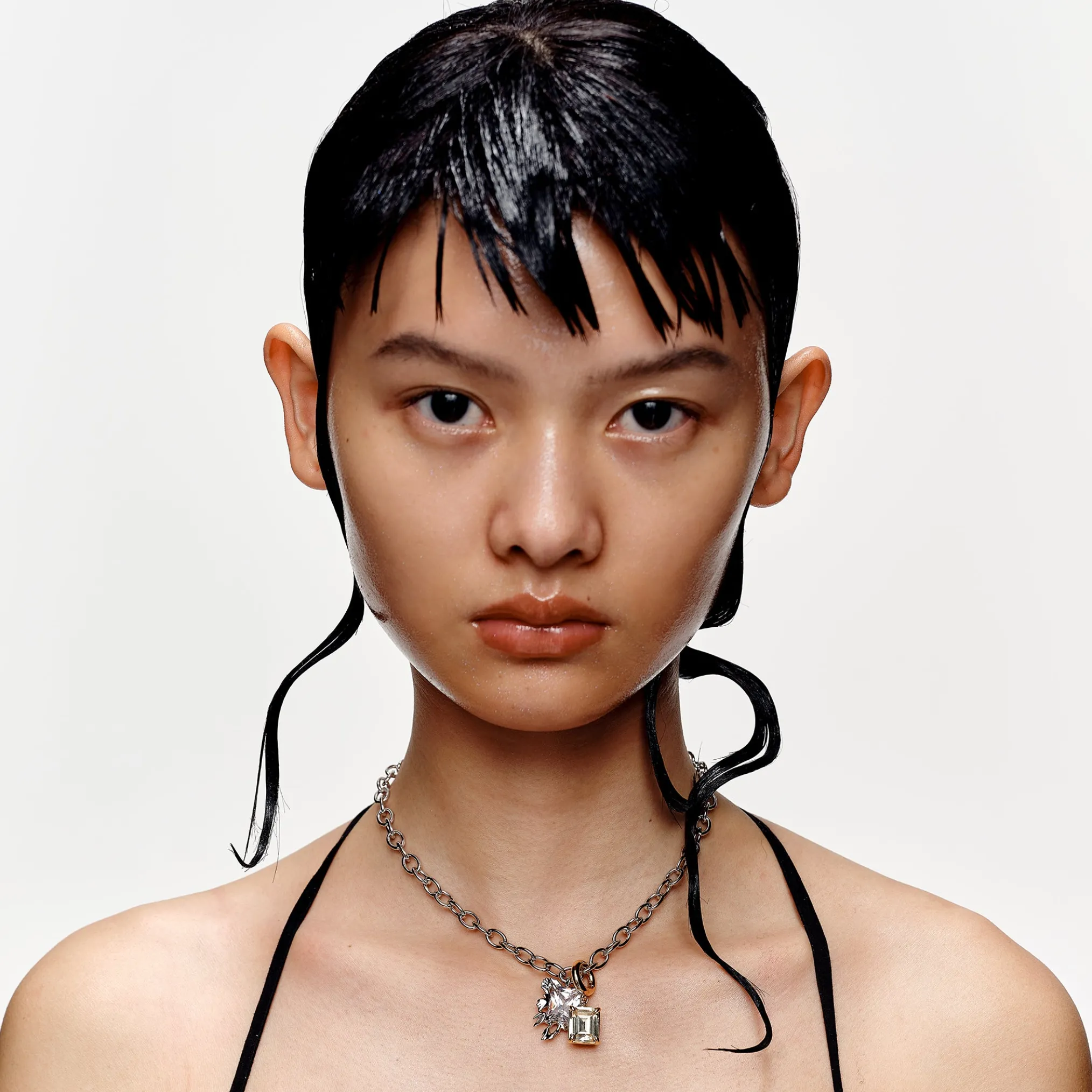 Ripple/Detachable bicolor square zircon necklace