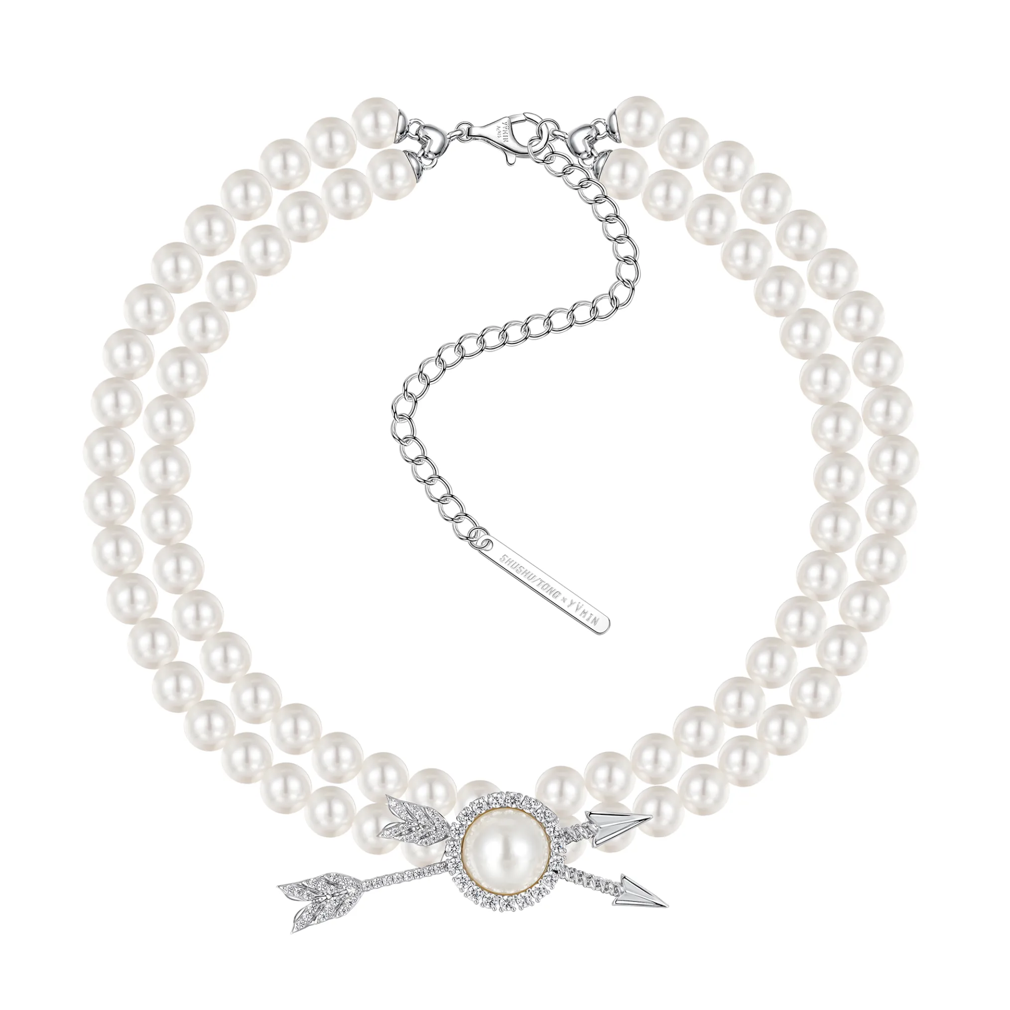 YVMIN X SHUSHUTONG / Double Arrow Pave Pearl Layers Necklace