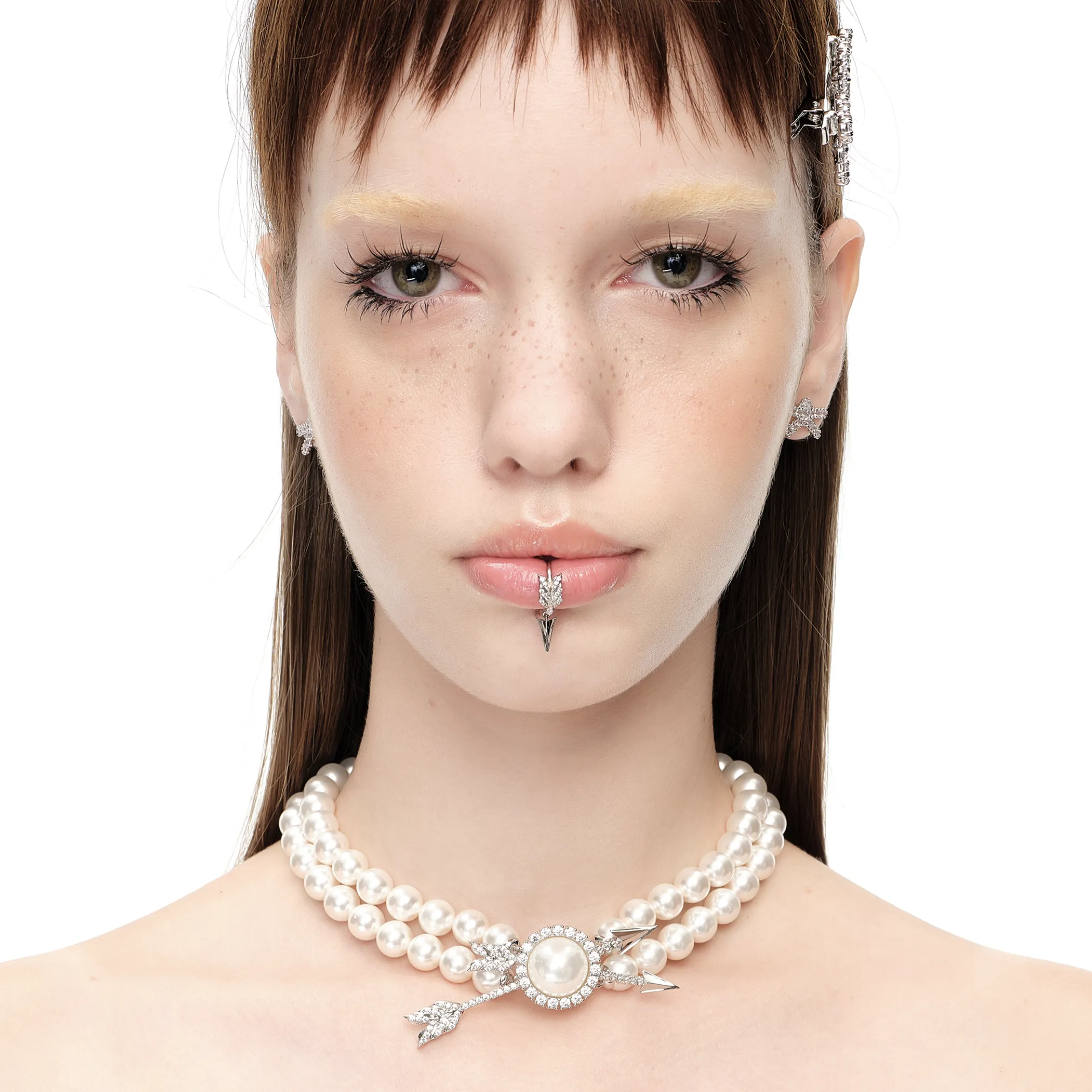 YVMIN X SHUSHUTONG / Double Arrow Pave Pearl Layers Necklace