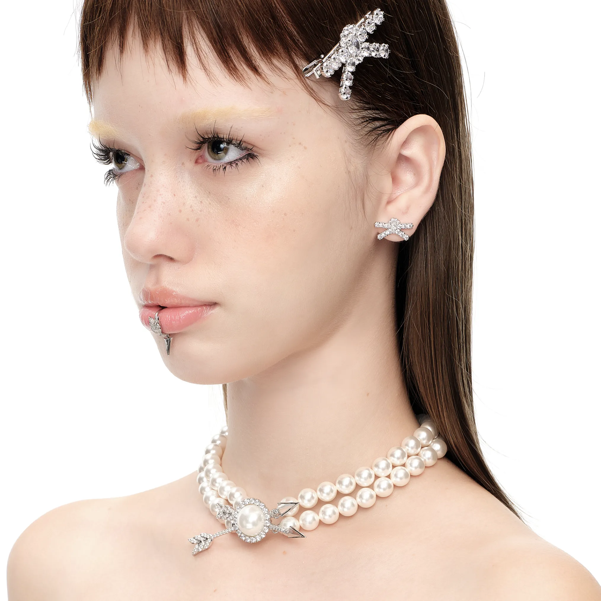 YVMIN X SHUSHUTONG / Double Arrow Pave Pearl Layers Necklace