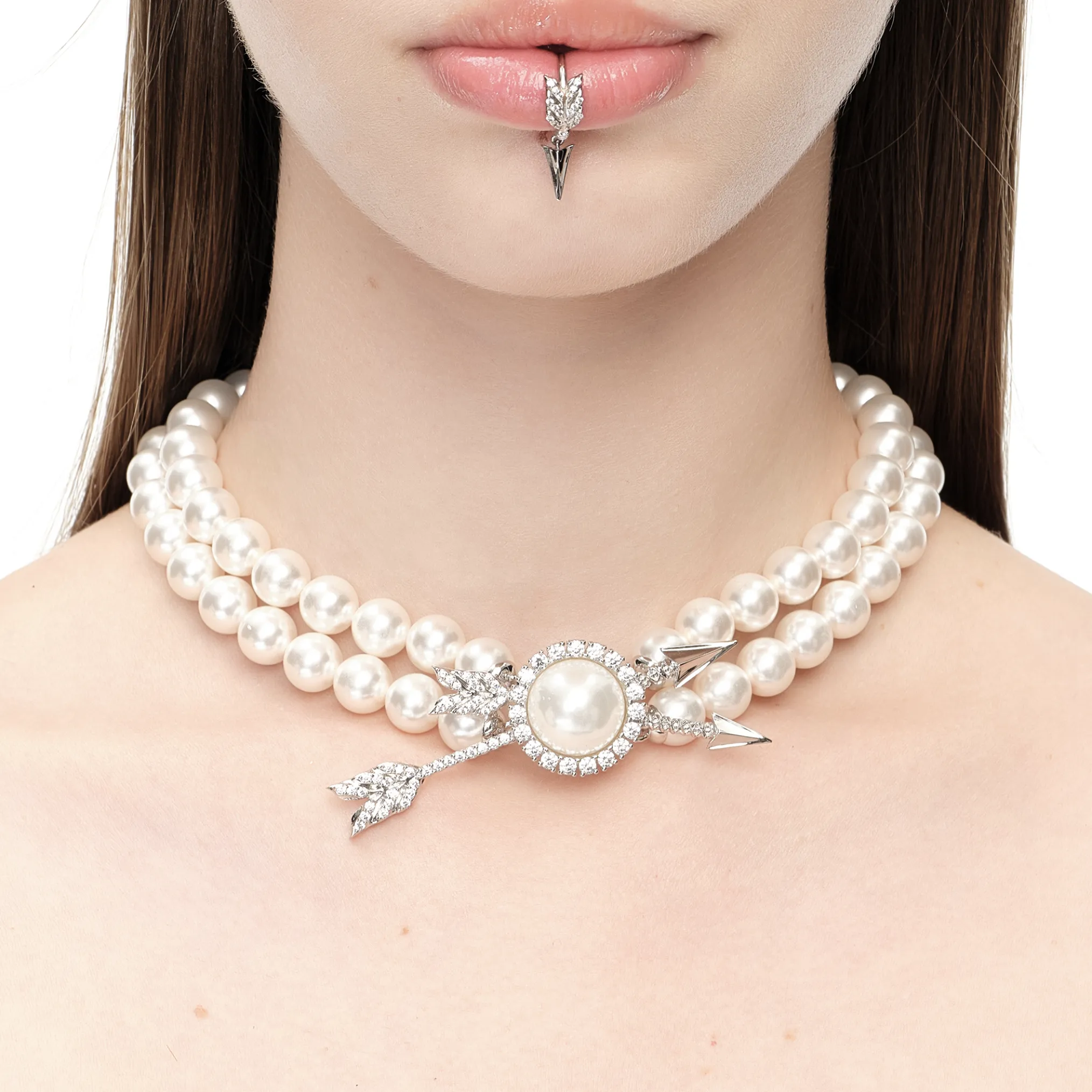 YVMIN X SHUSHUTONG / Double Arrow Pave Pearl Layers Necklace